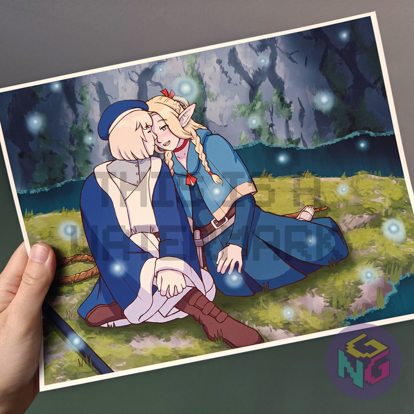 art print of falin and marcille from delicious in dungeon about to kiss on a magical island