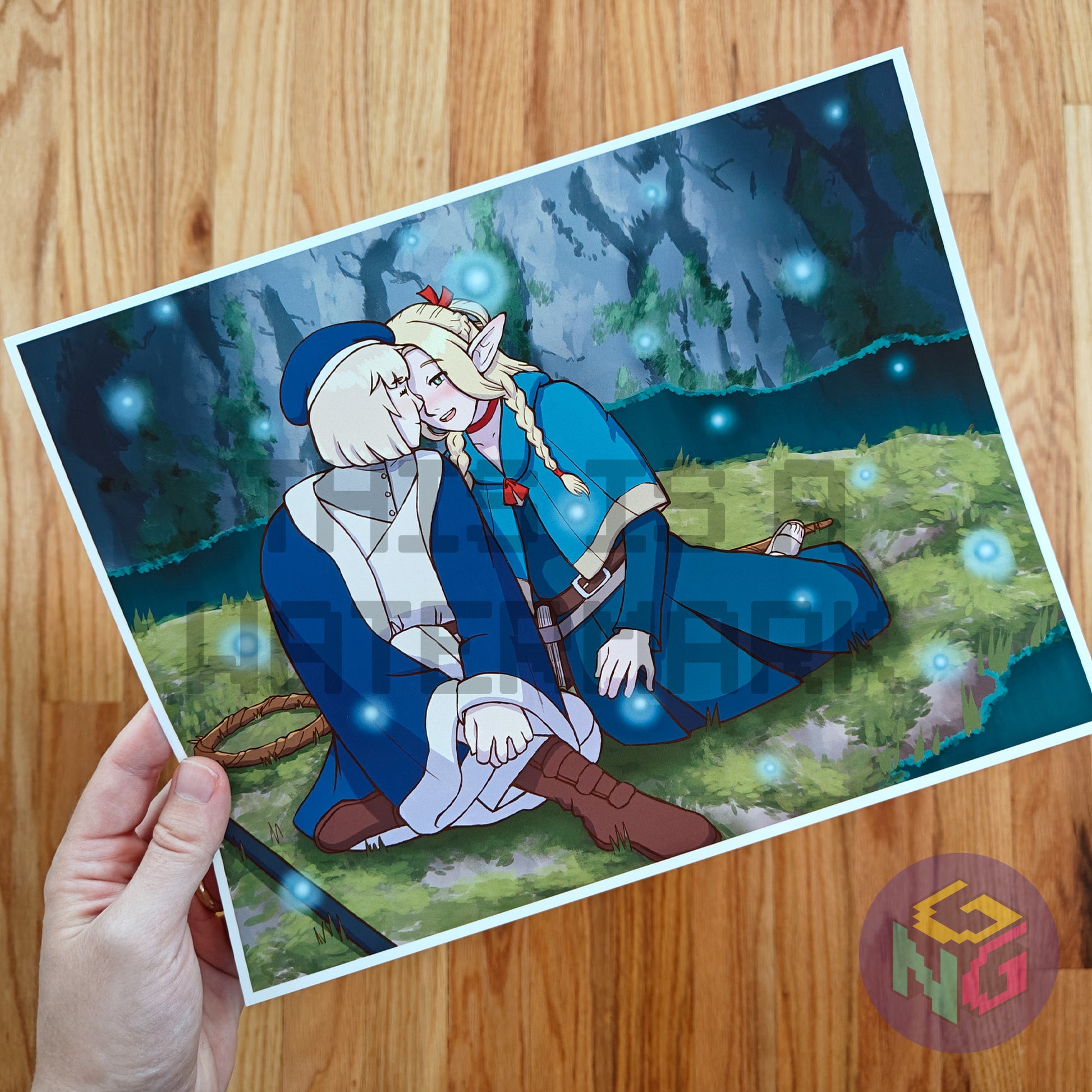 art print of falin and marcille from delicious in dungeon about to kiss on a magical island