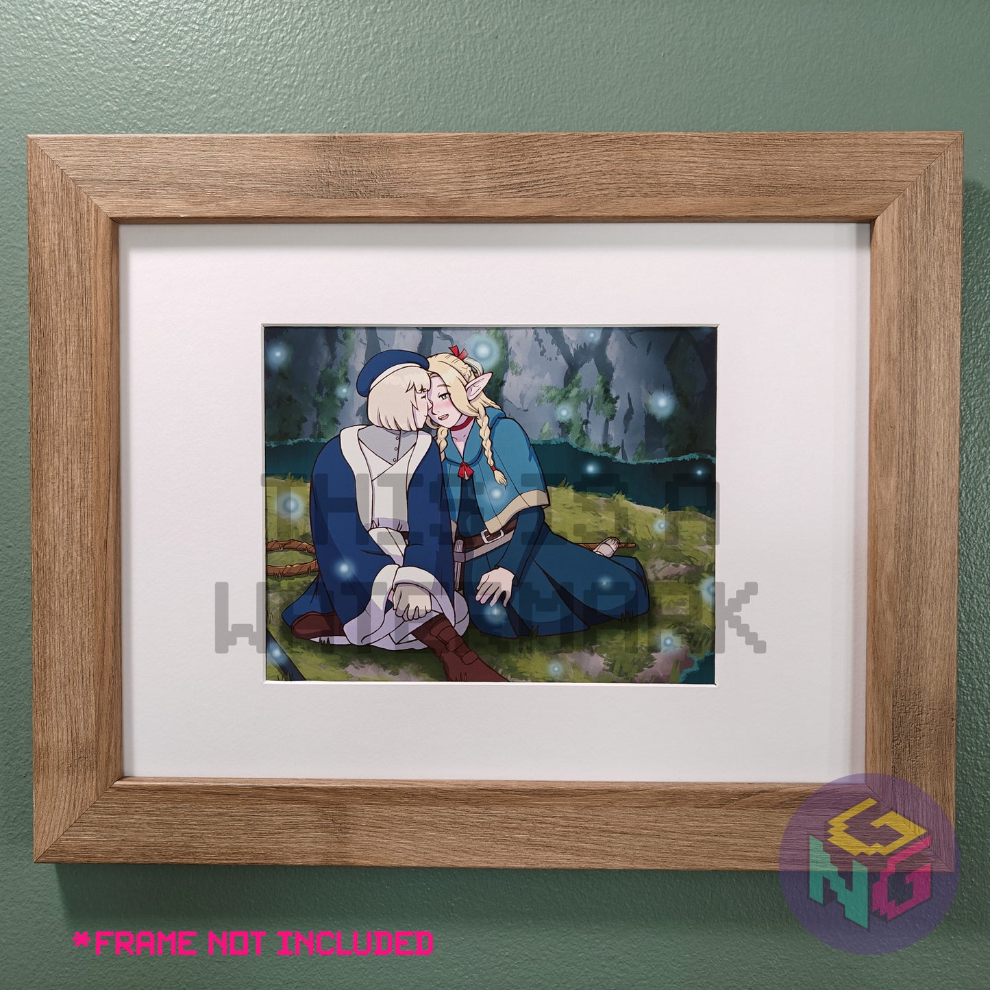 art print of falin and marcille from delicious in dungeon about to kiss on a magical island in a frame