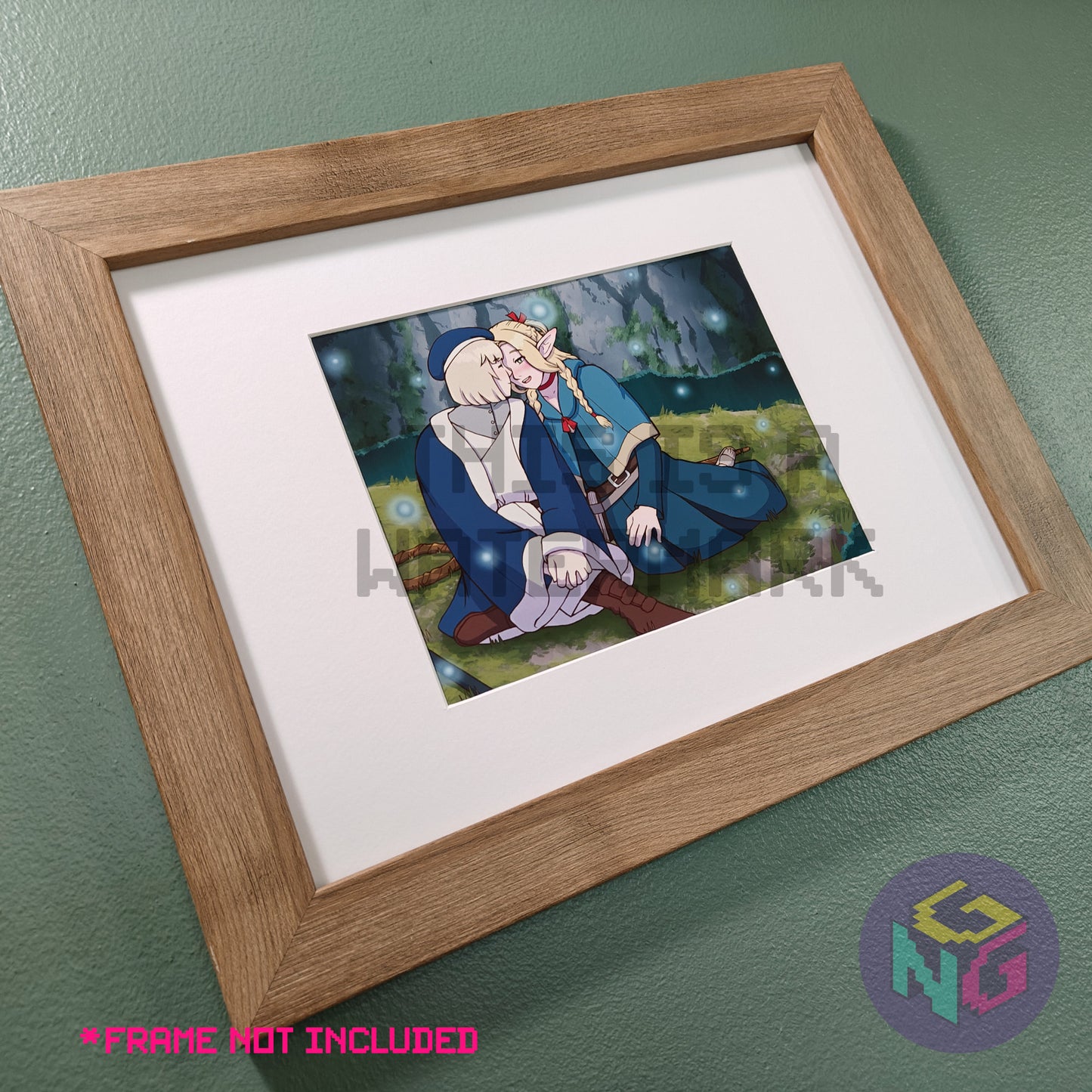 art print of falin and marcille from delicious in dungeon about to kiss on a magical island in a frame