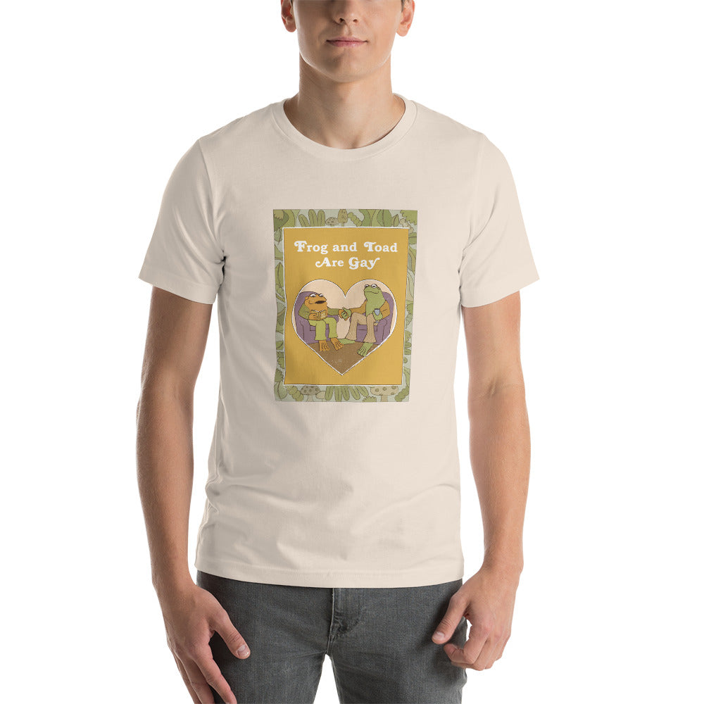 white male model wearing medium frog and toad shirt on white background