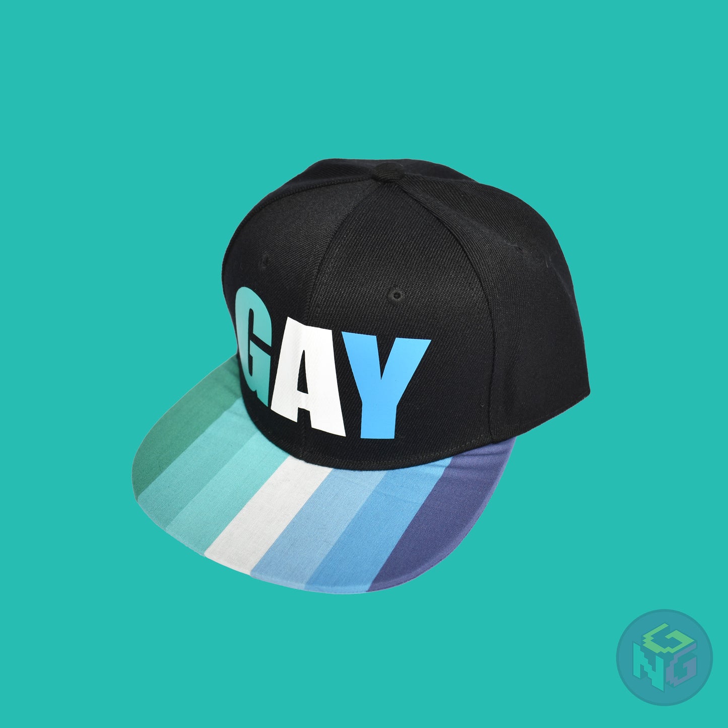 Black flat bill snapback hat. The brim has the gay pride flag on both sides and the front of the hat has the word “GAY” in turquoises, blues, and white. Front left view