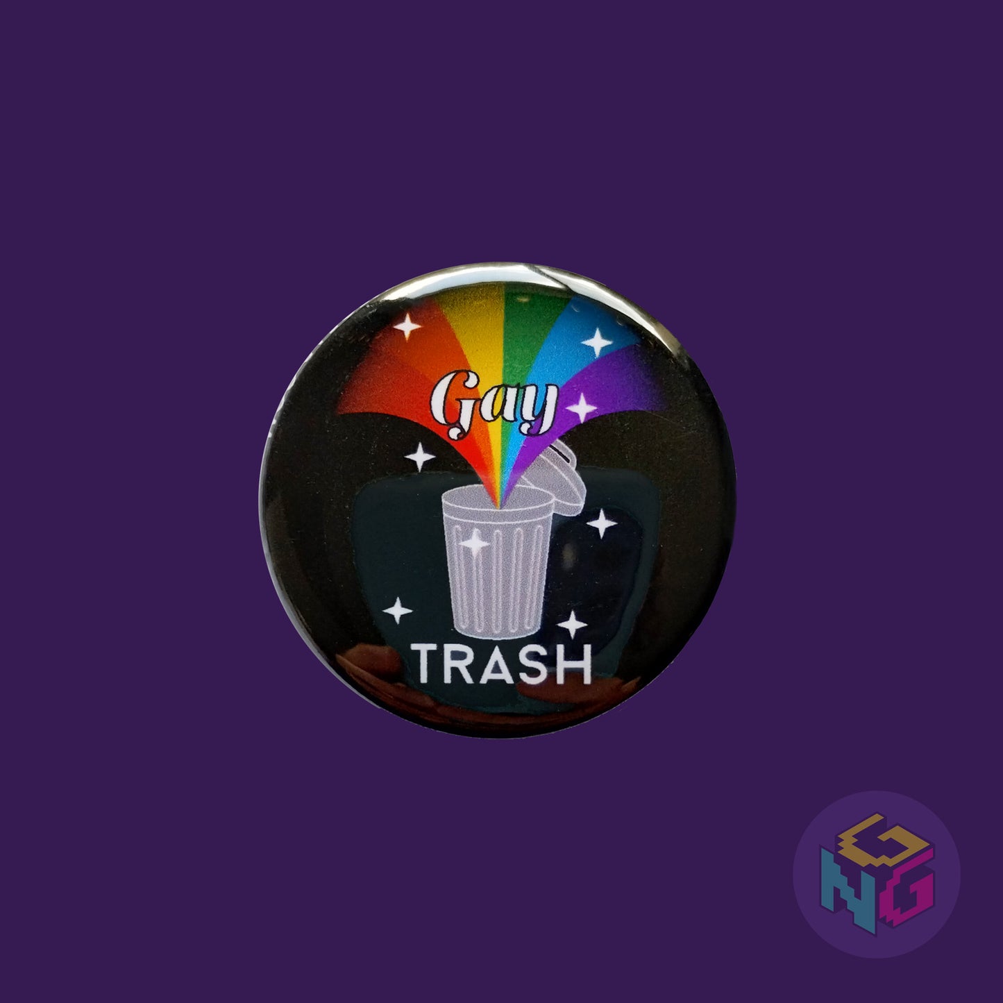 gay trash rainbow exploding out of trash can on dark purple background