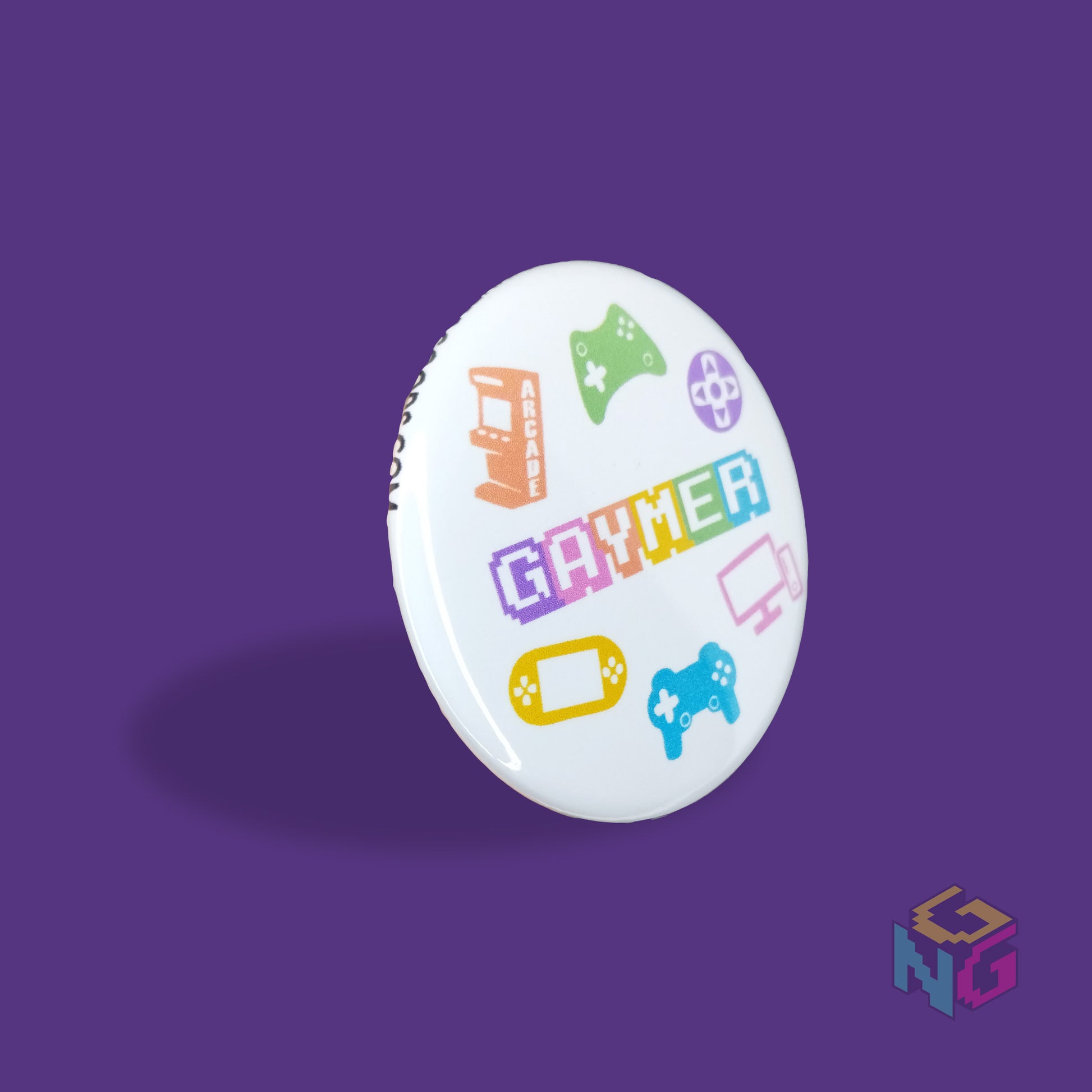 round rainbow gaymer button facing to the right on a purple background