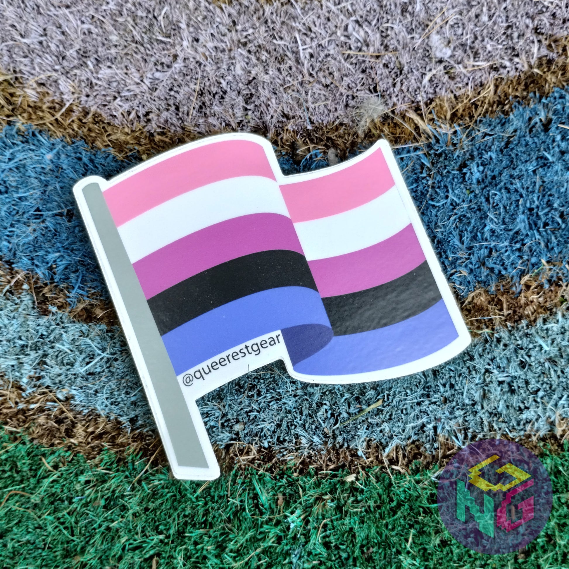 genderfluid flag sticker lying flat on rainbow welcome mat