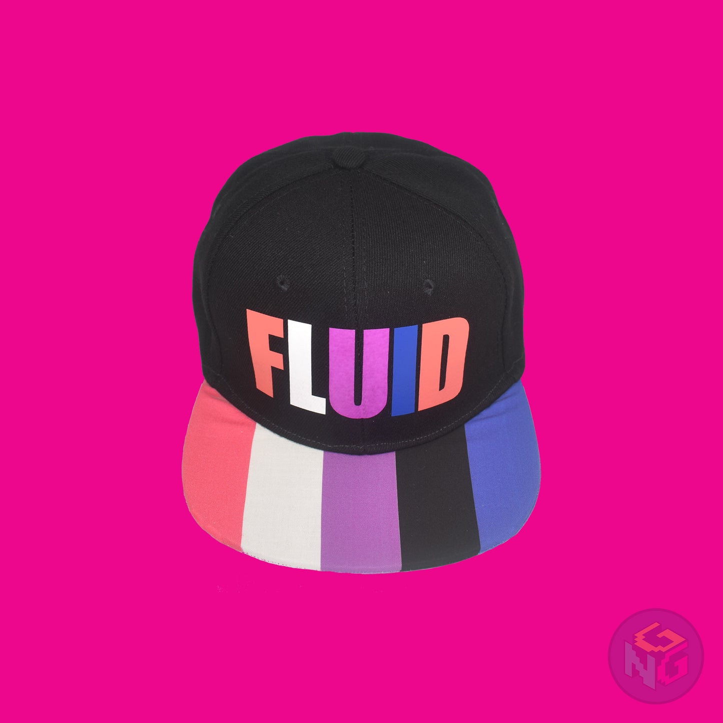 Black flat bill snapback hat. The brim has the genderfluid pride flag on both sides and the front of the hat has the word “FLUID” in peach, white, magenta, and royal blue letters. Front top view