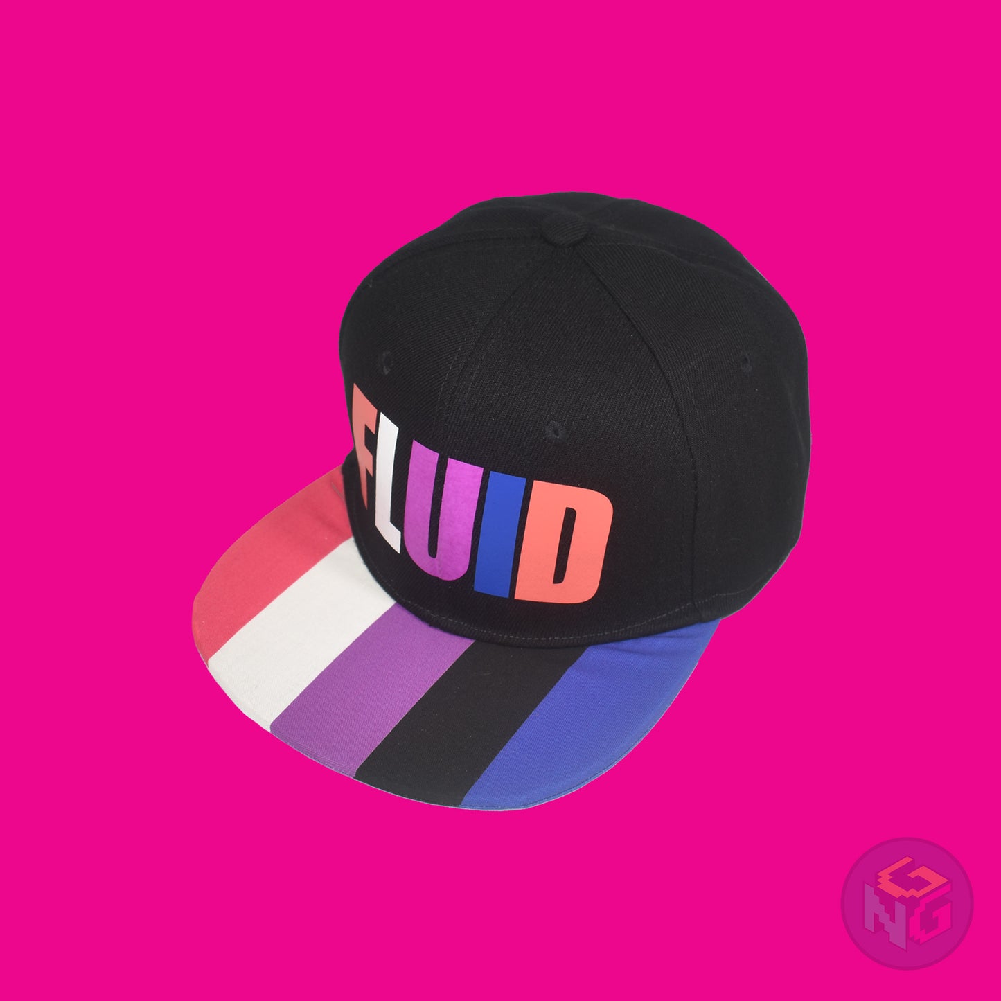 Black flat bill snapback hat. The brim has the genderfluid pride flag on both sides and the front of the hat has the word “FLUID” in peach, white, magenta, and royal blue letters. Front left view