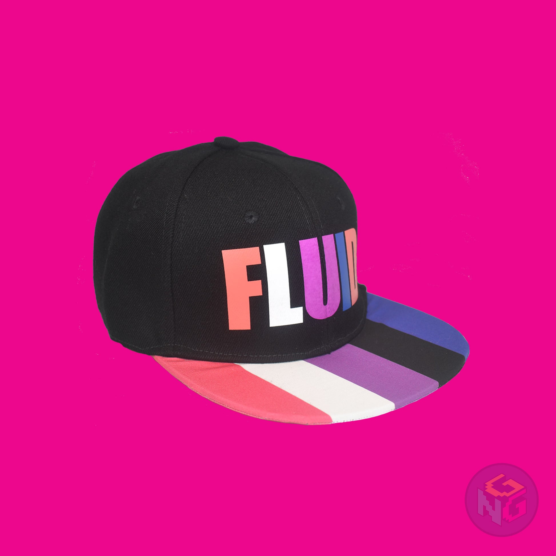 Black flat bill snapback hat. The brim has the genderfluid pride flag on both sides and the front of the hat has the word “FLUID” in peach, white, magenta, and royal blue letters. Front right view