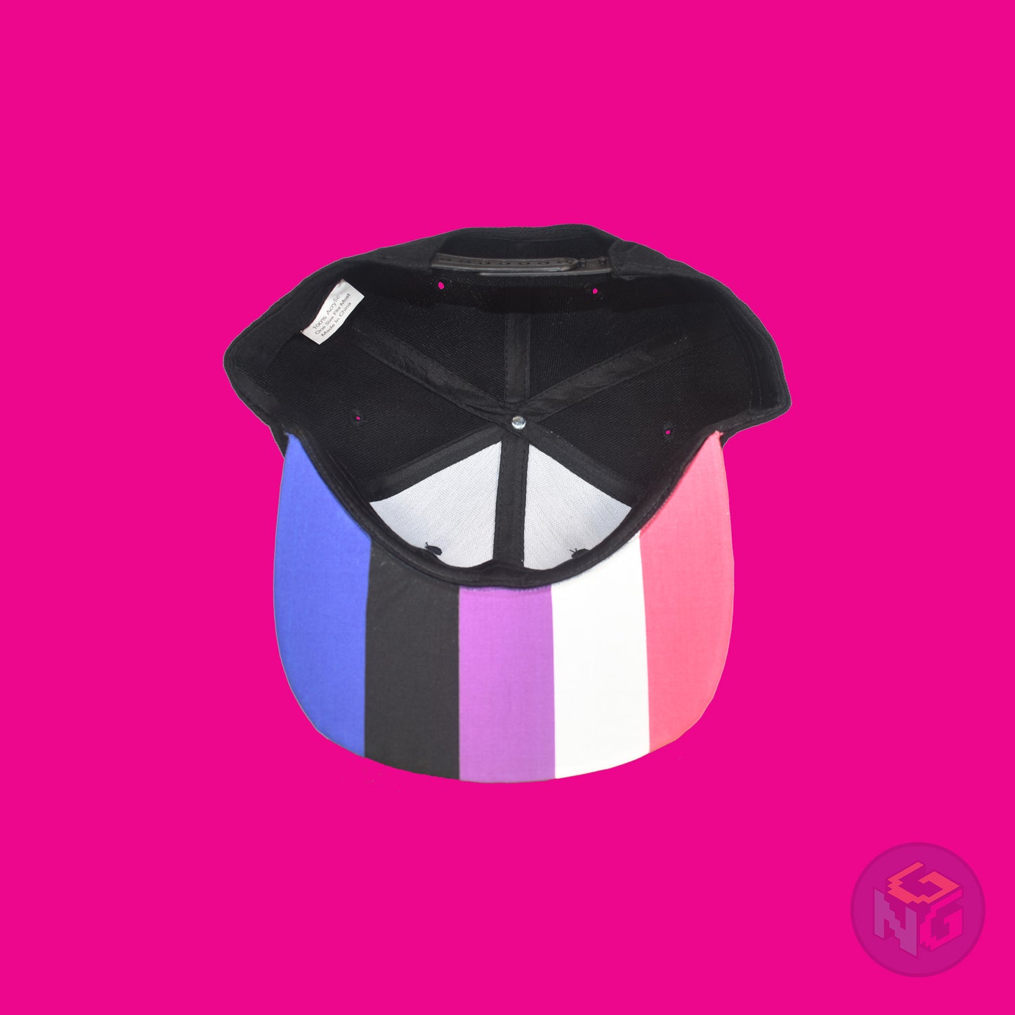 Black flat bill snapback hat. The brim has the genderfluid pride flag on both sides and the front of the hat has the word “FLUID” in peach, white, magenta, and royal blue letters. Underside view