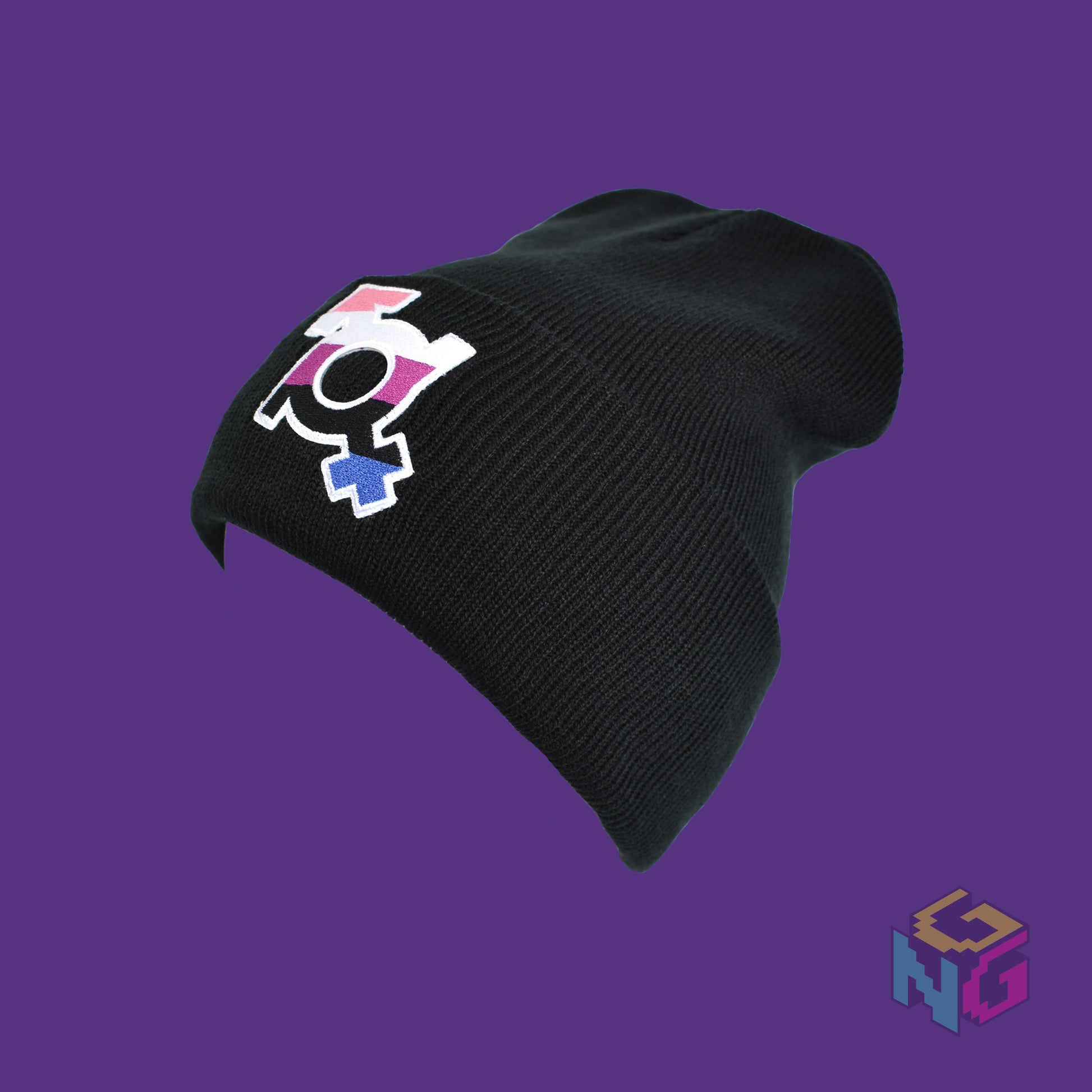 black genderfluid pride beanie stretched facing left in front of purple background