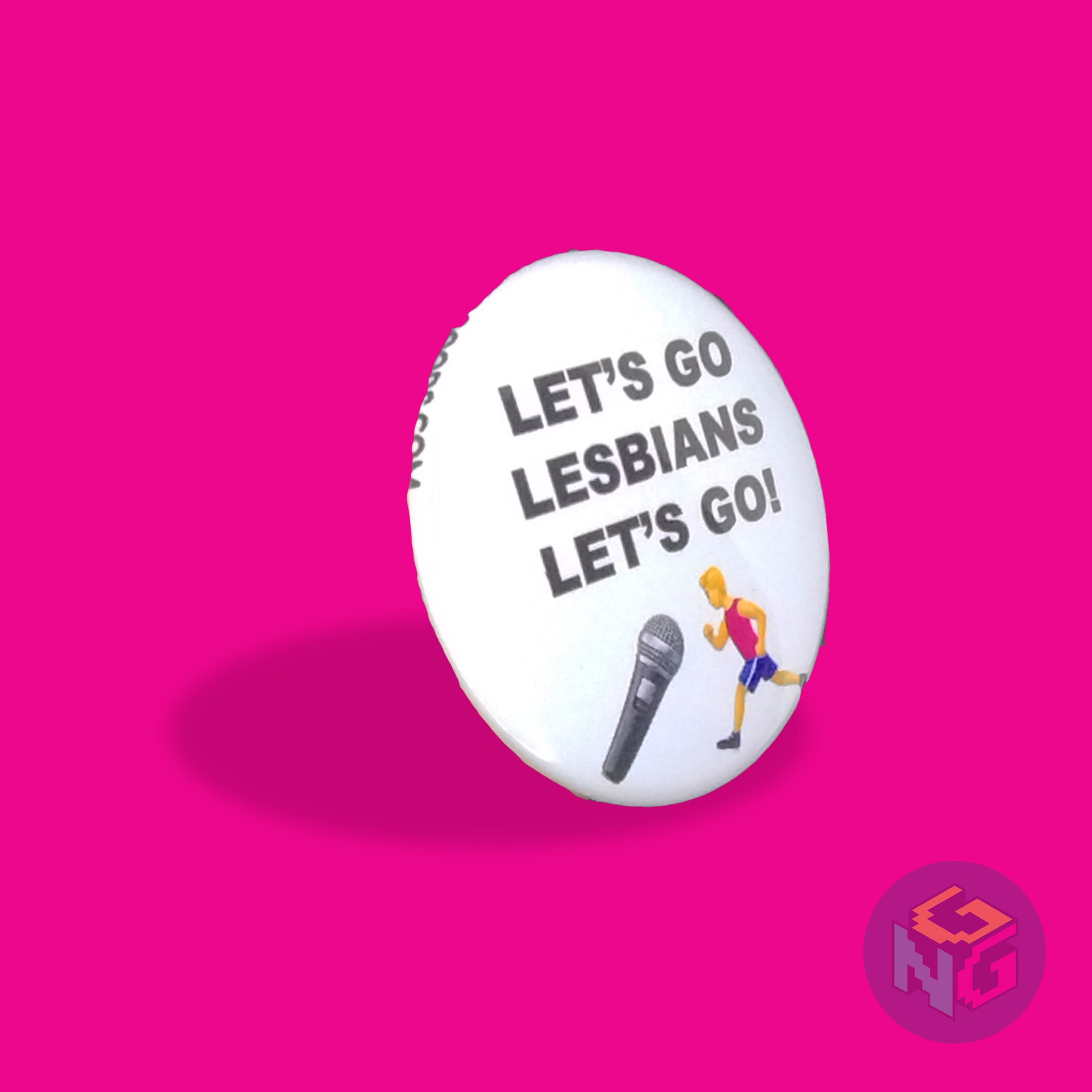 round let's go lesbians small pinback button facing to the right in front of a pink background