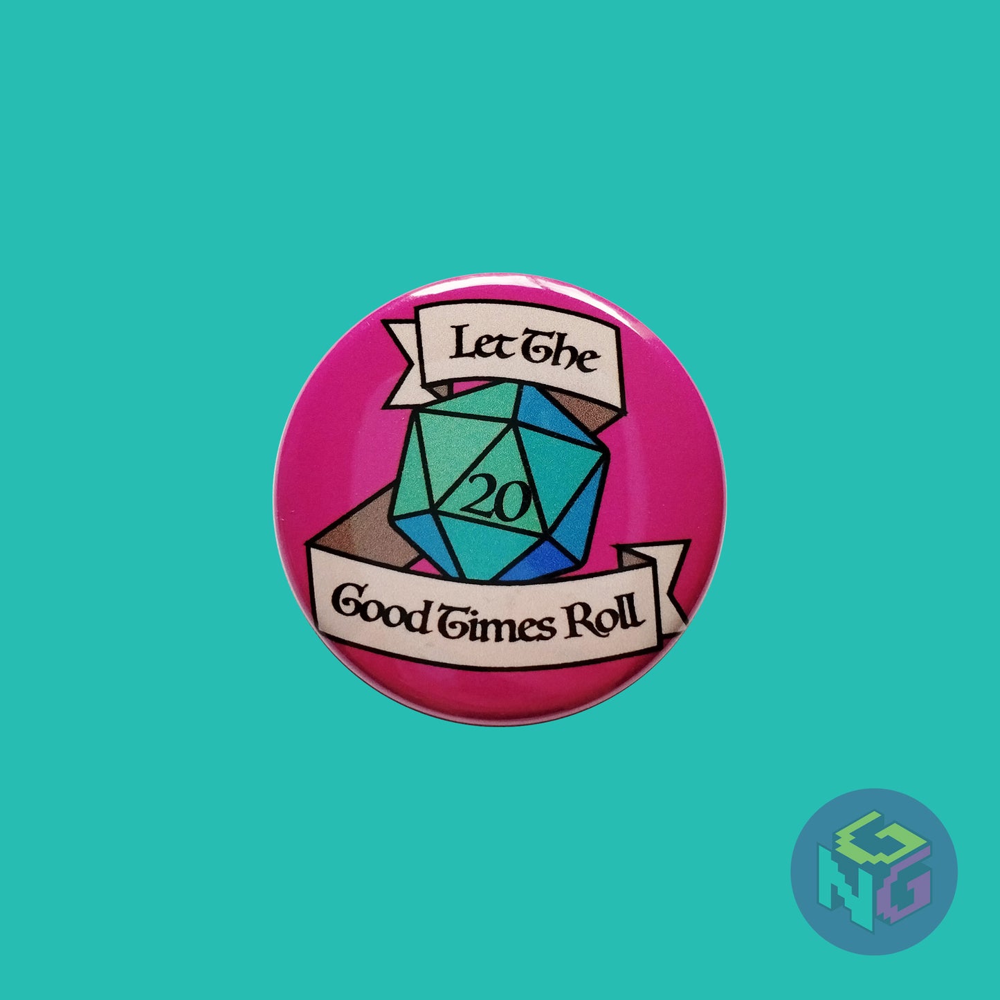 let the good times roll d20 button on mint green background