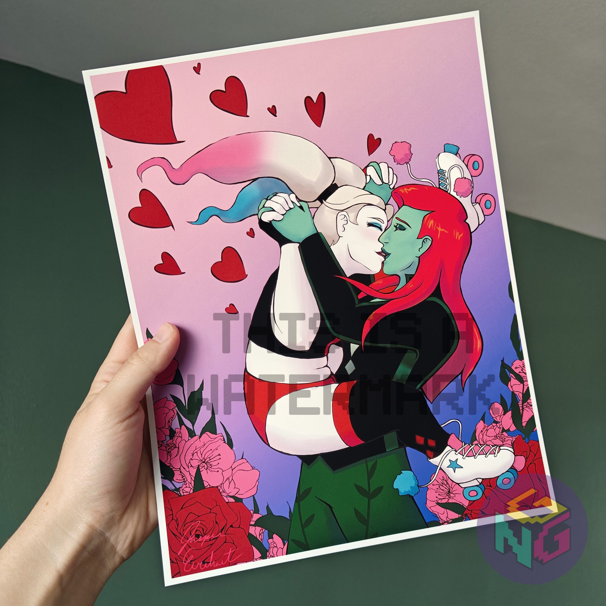 art print of harley quinn leaping into poison ivy's arms for a kiss surrounded by hearts and flowers