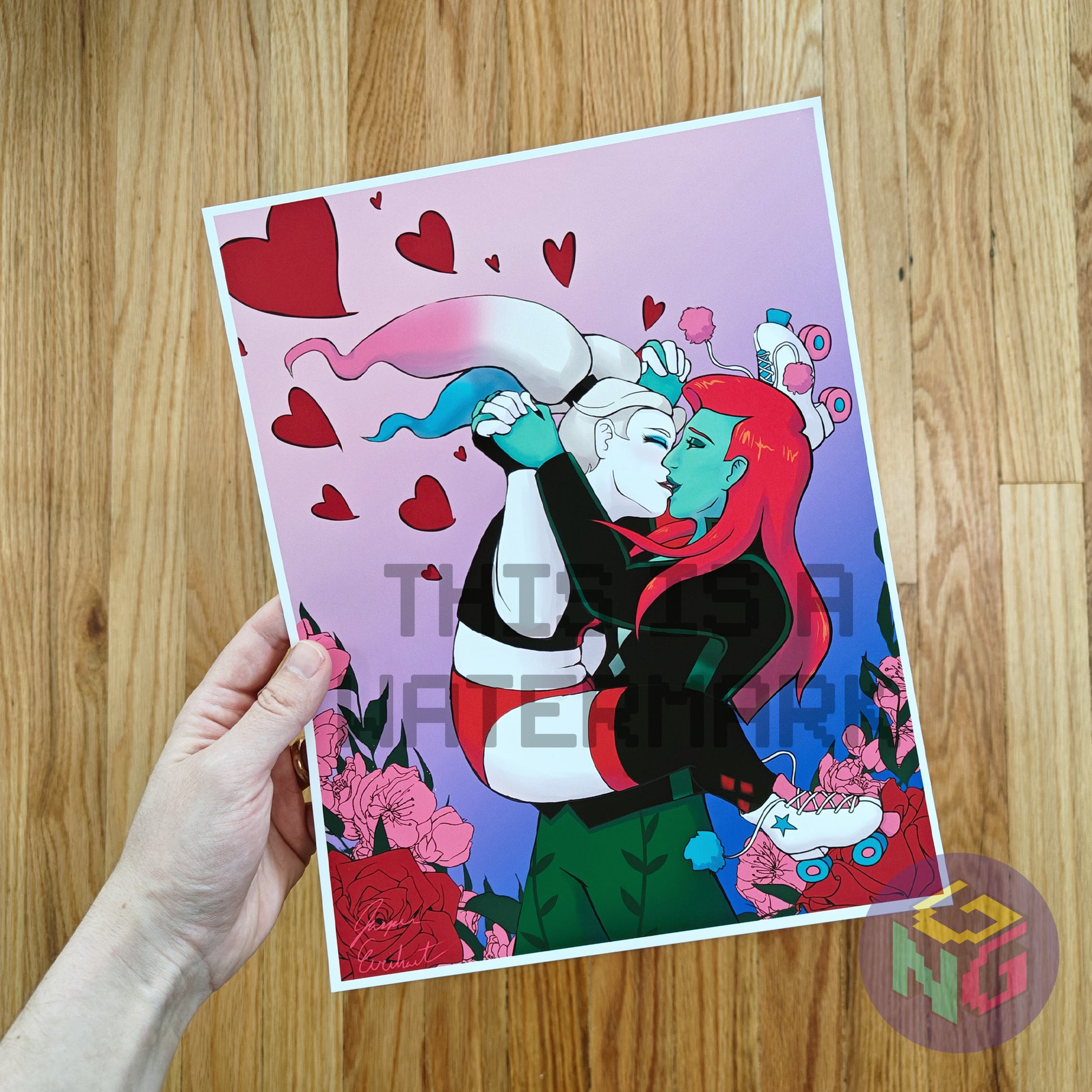 art print of harley quinn leaping into poison ivy's arms for a kiss surrounded by hearts and flowers against a wood background