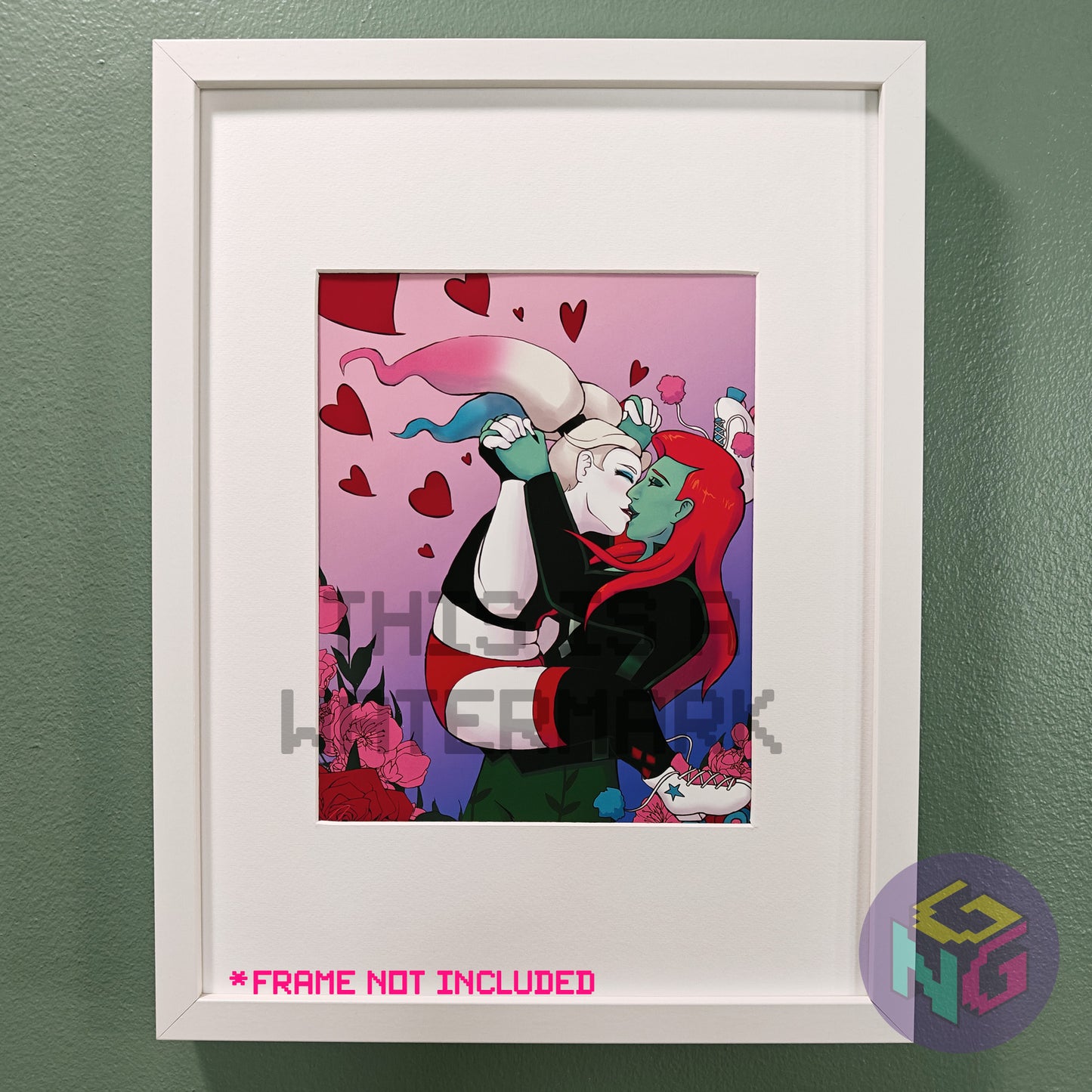 art print of harley quinn leaping into poison ivy's arms for a kiss surrounded by hearts and flowers in a white frame