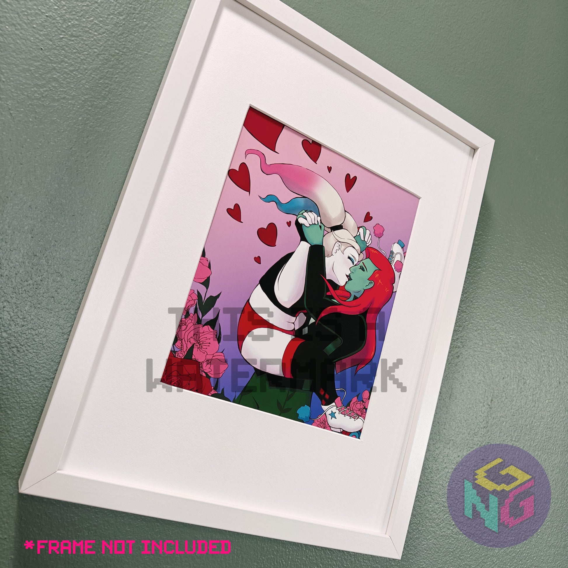 art print of harley quinn leaping into poison ivy's arms for a kiss surrounded by hearts and flowers in a white frame