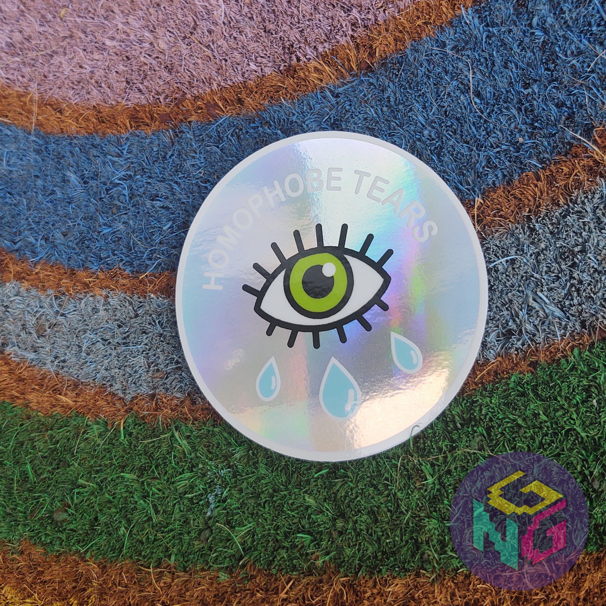 rainbow holographic homophobe tears waterproof sticker on rainbow welcome mat