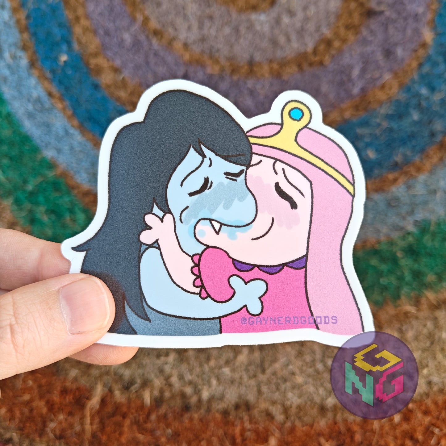 princess bubblegum and marceline making out sticker kissing meme bubbline held in front of rainbow background