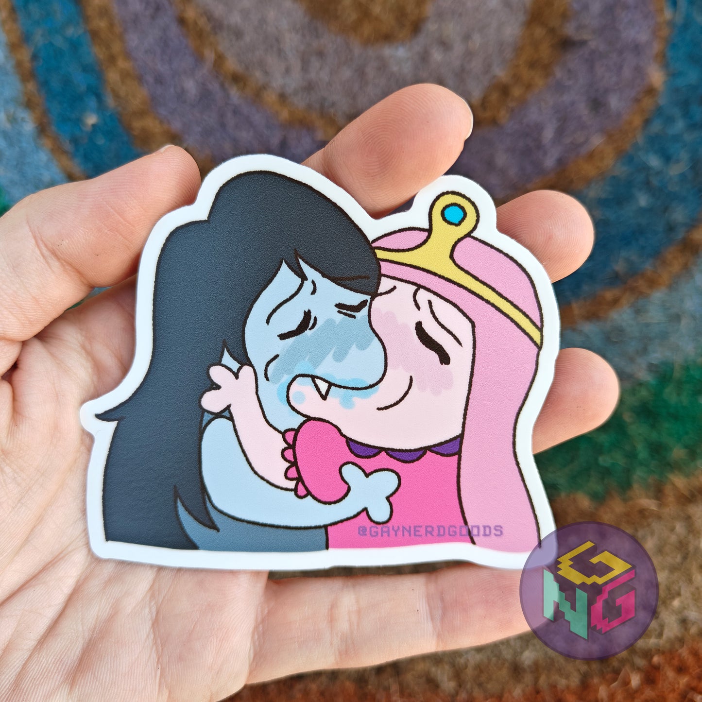 princess bubblegum and marceline making out sticker kissing meme bubbline held in front of rainbow background