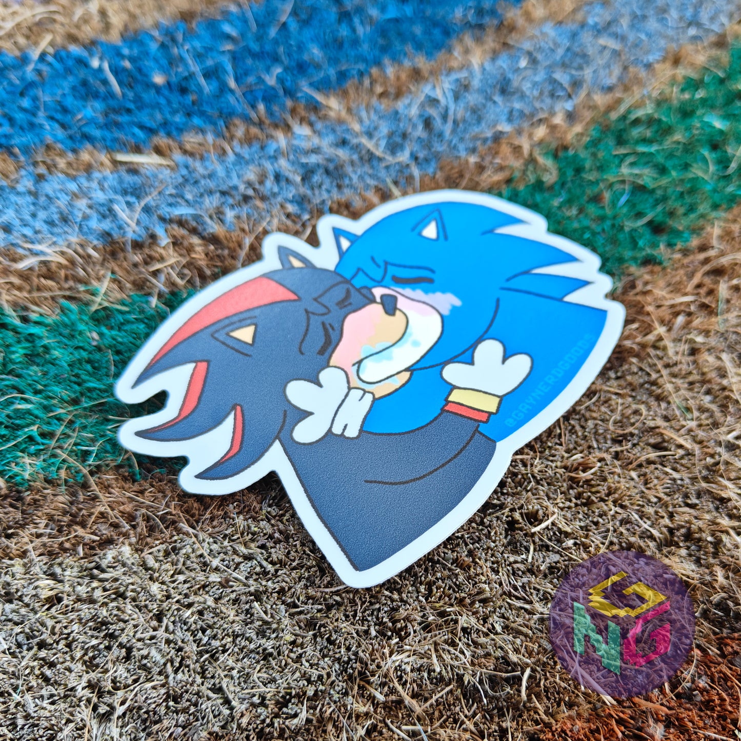 angled shot of shadow and sonic the hedgehog kissing sticker 