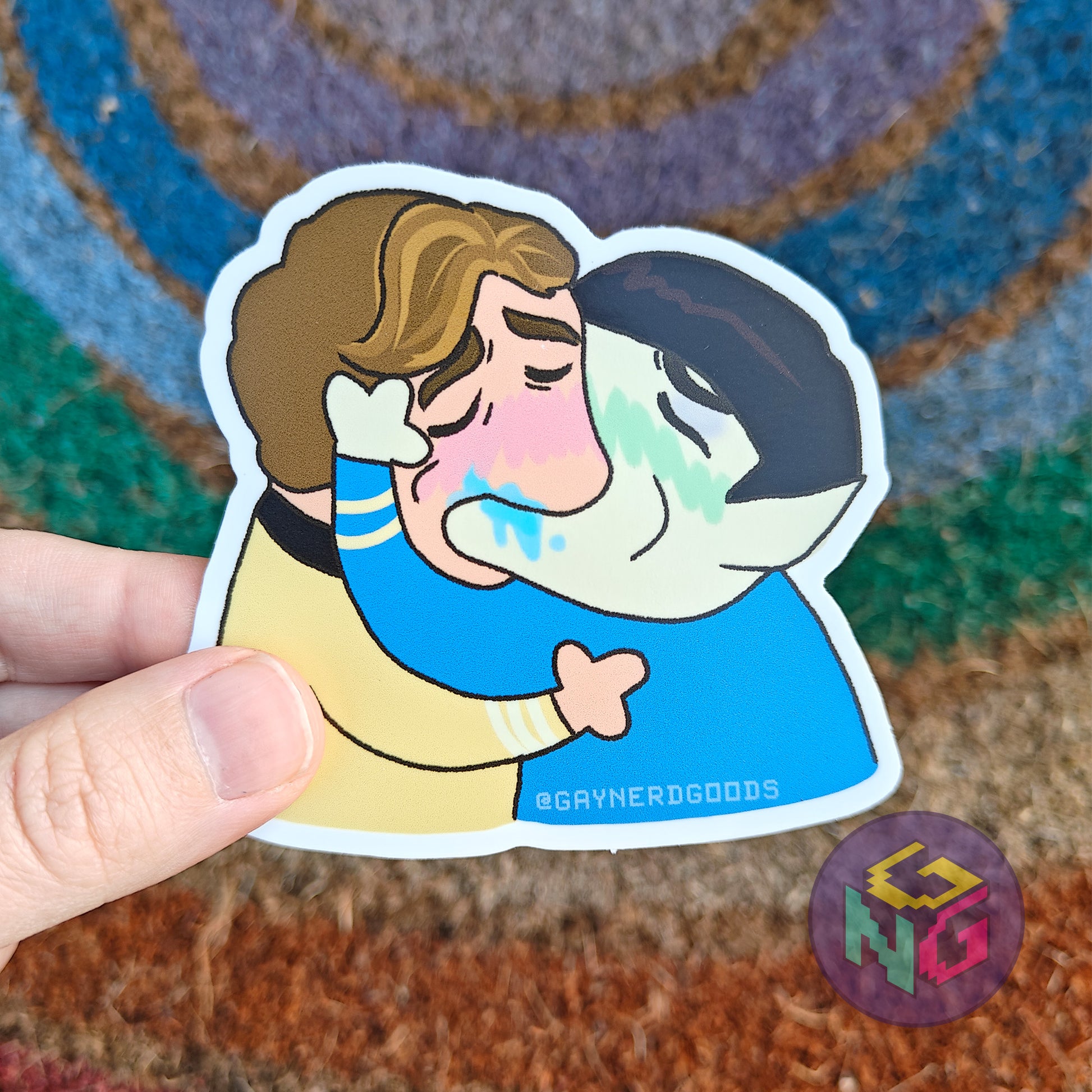 spock and kirk spirk making out waterproof sticker kiss meme being held in front of a rainbow