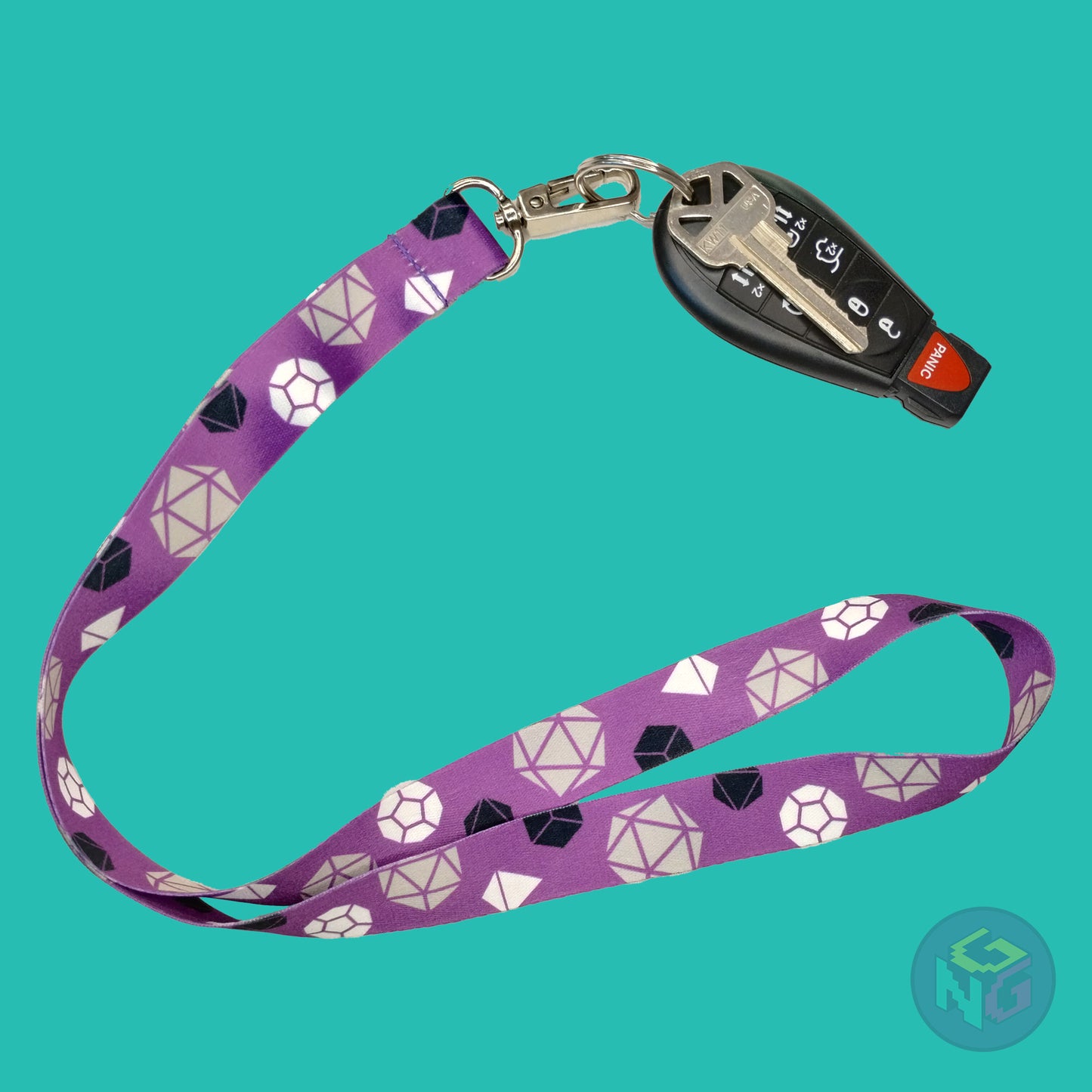 purple dnd asexual lanyard showing the black, white, and grey tabletop dice with a key fob clipped to the end of the lanyard