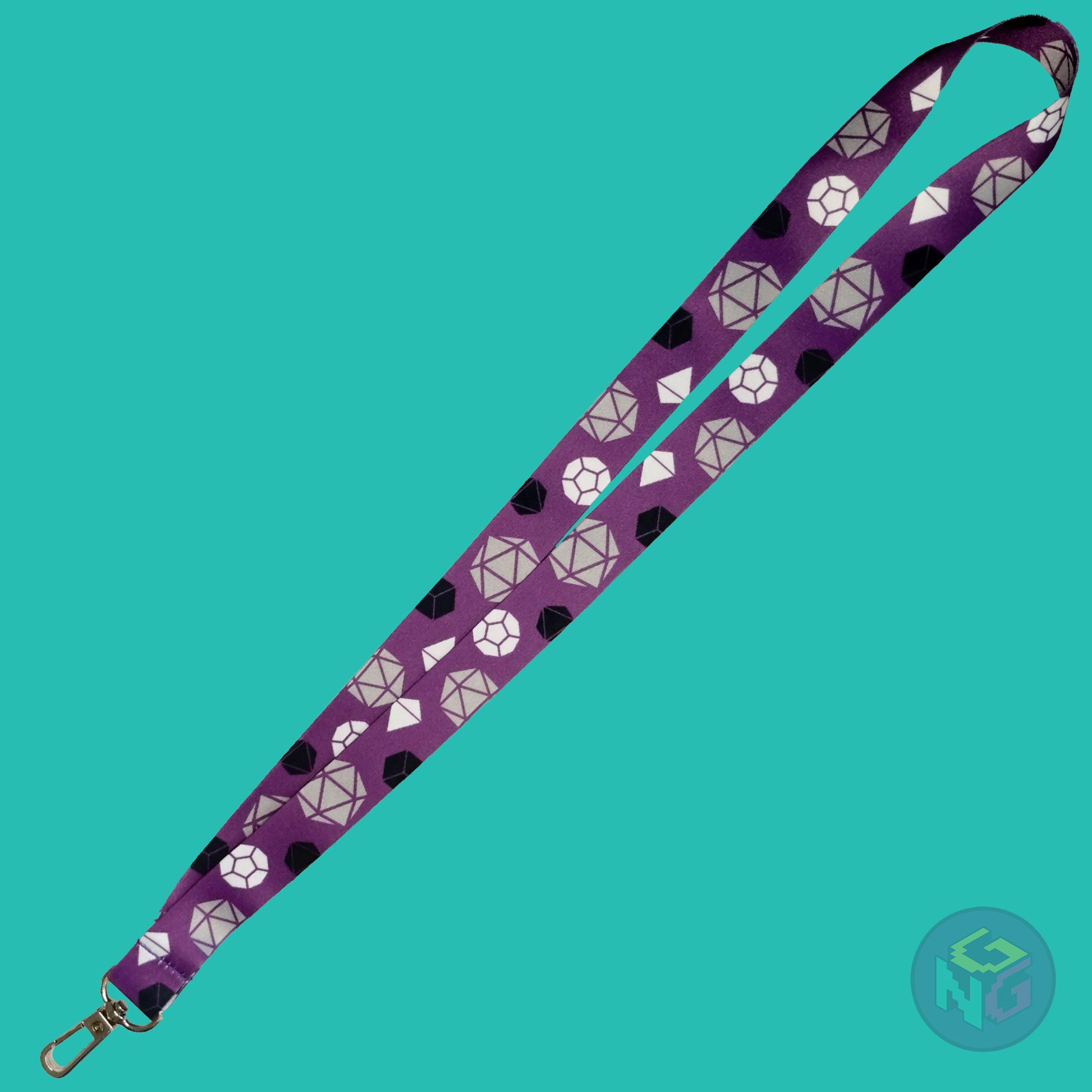 the asexual dice lanyard lying flat showing the complete design and repeating pattern of polyhedral dice in asexual colors