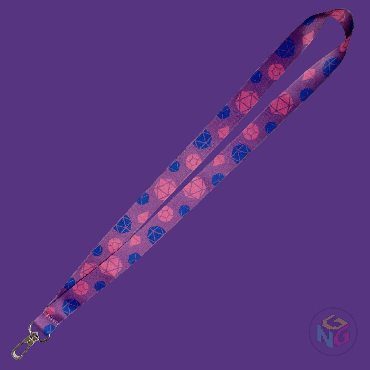 the bisexual dice lanyard lying flat showing the complete design and repeating pattern of polyhedral dice in bisexual colors