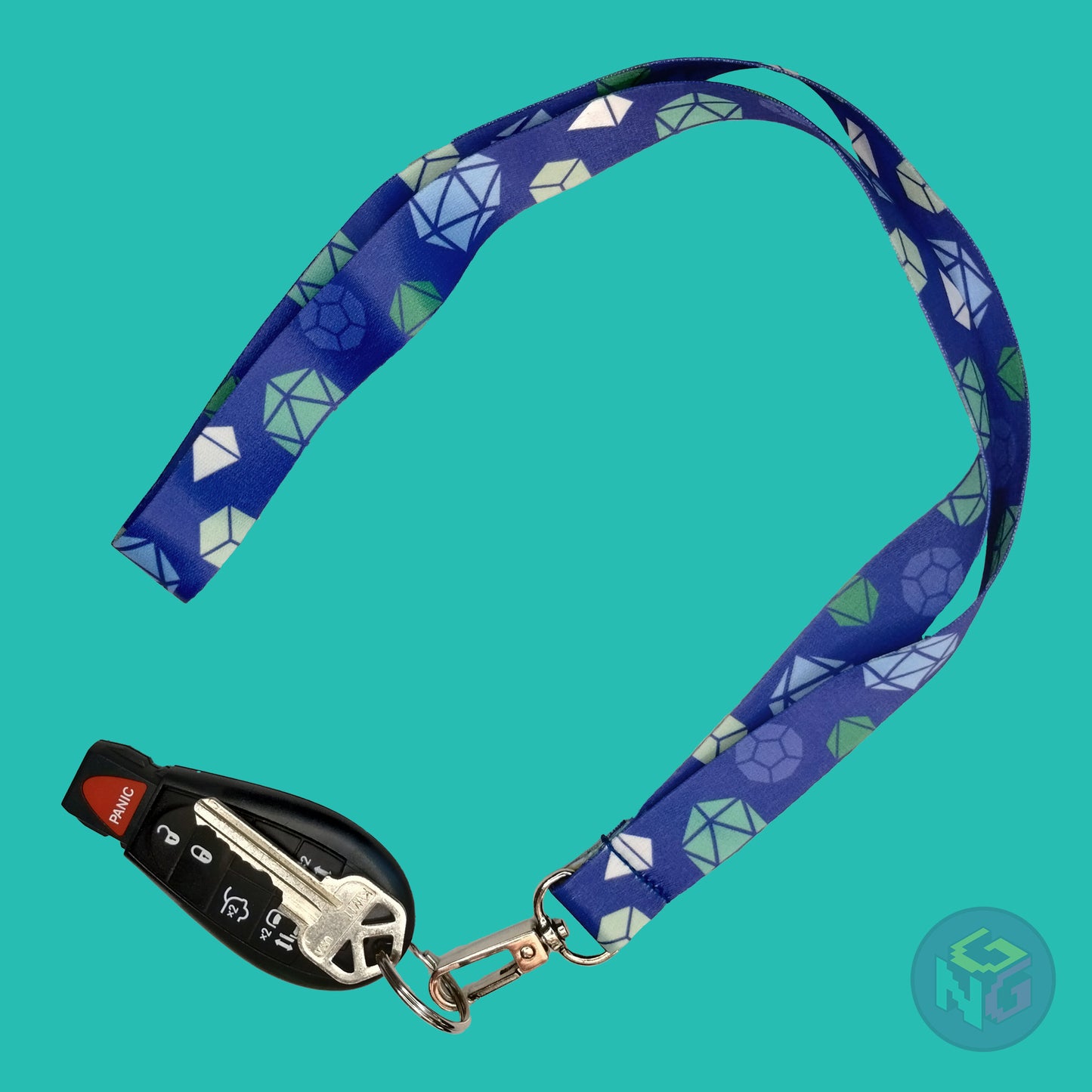 blue dnd gay lanyard showing the green, blue, and white tabletop dice with a key fob clipped to the end of the lanyard
