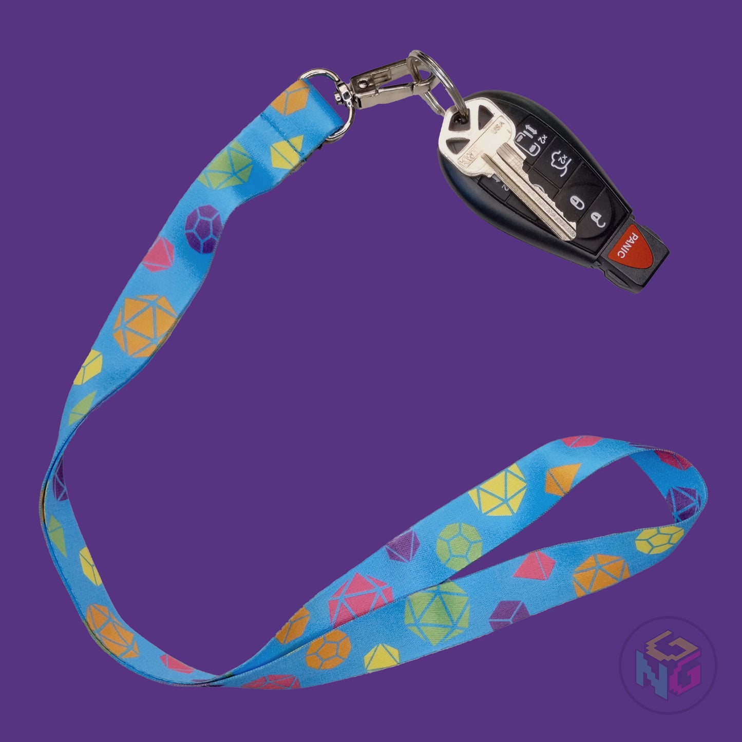 blue dnd rainbow lanyard showing the pink, orange, yellow, green, and purple tabletop dice with a key fob clipped to the end of the lanyard