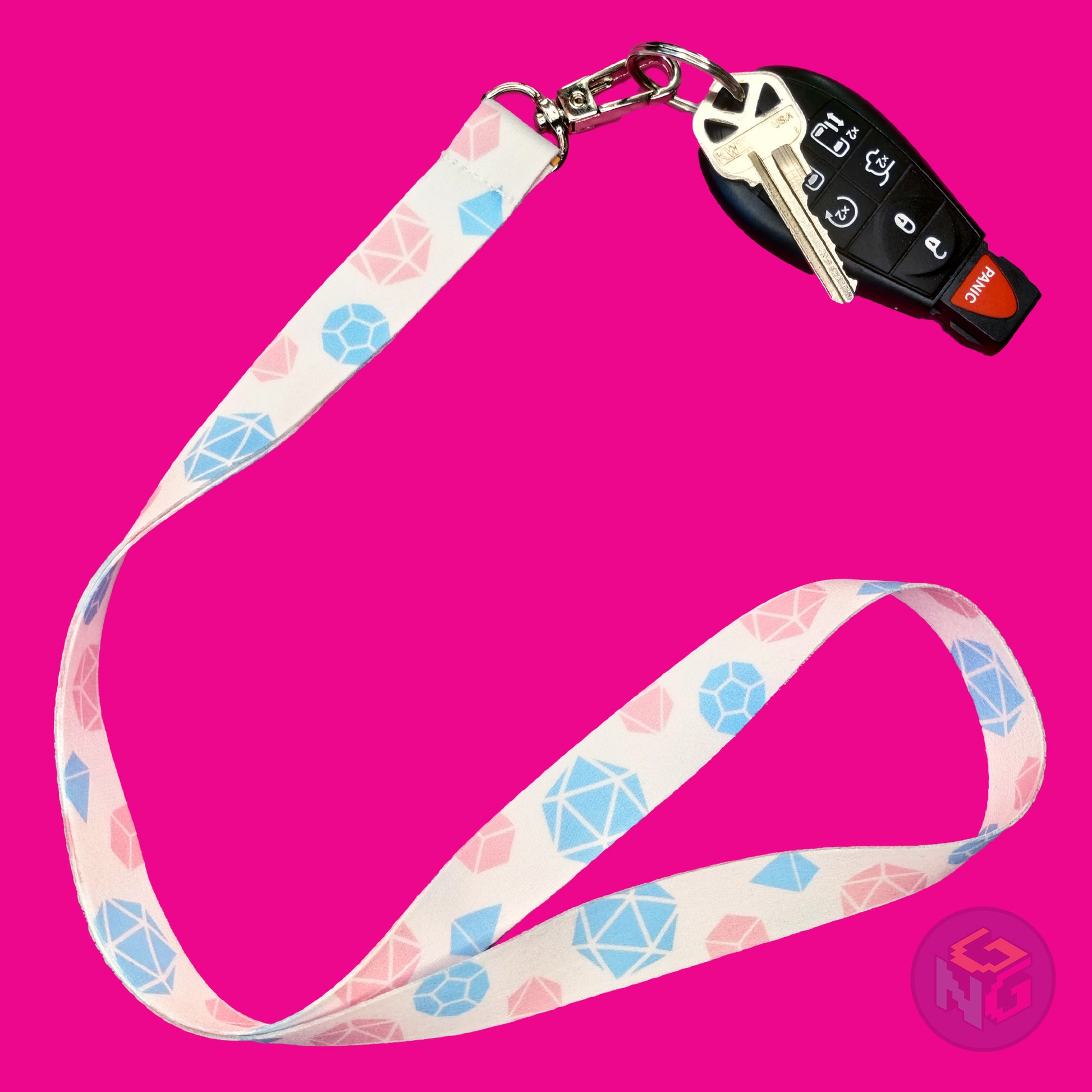 white dnd transgender lanyard showing the pink and blue tabletop dice with a key fob clipped to the end of the lanyard