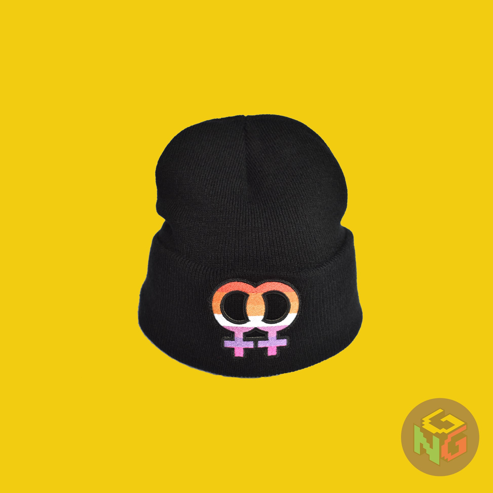 lesbian beanie stretched as if worn front view in front of a yellow background