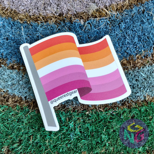 lesbian flag sticker lying flat on rainbow welcome mat
