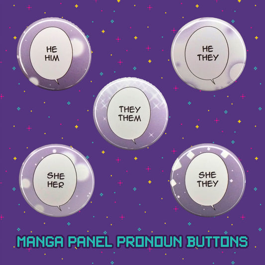 all the manga speech bubble pronoun button options including he him, he they, they them, she her, and she they