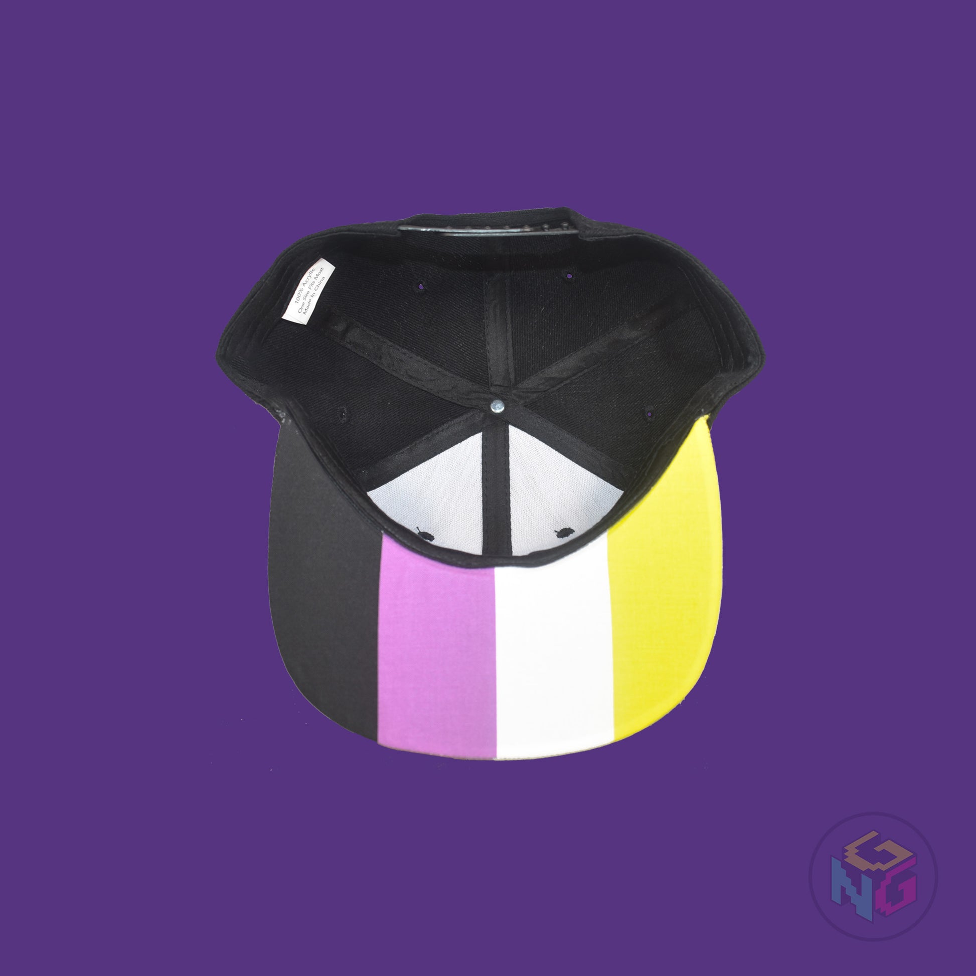 Black flat bill snapback hat. The brim has the nonbinary pride flag on both sides and the front of the hat has the word “ENBY” in yellow and purple letters. Underside view