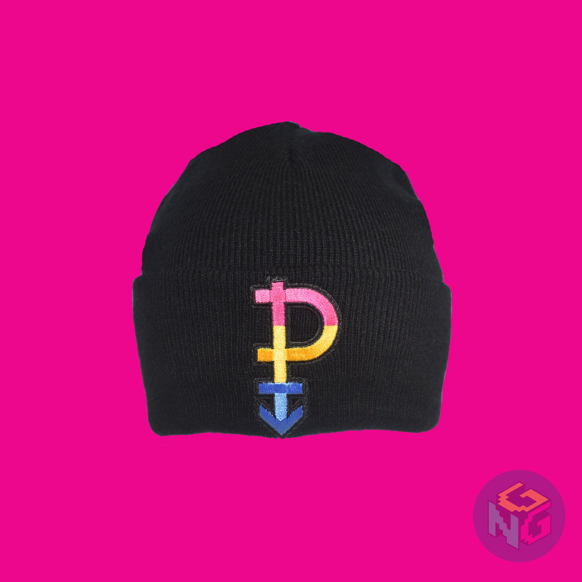 Black knit fabric beanie with the pansexual symbol in pink, yellow, and blue on the front. It is stretched and in front view on a pink background