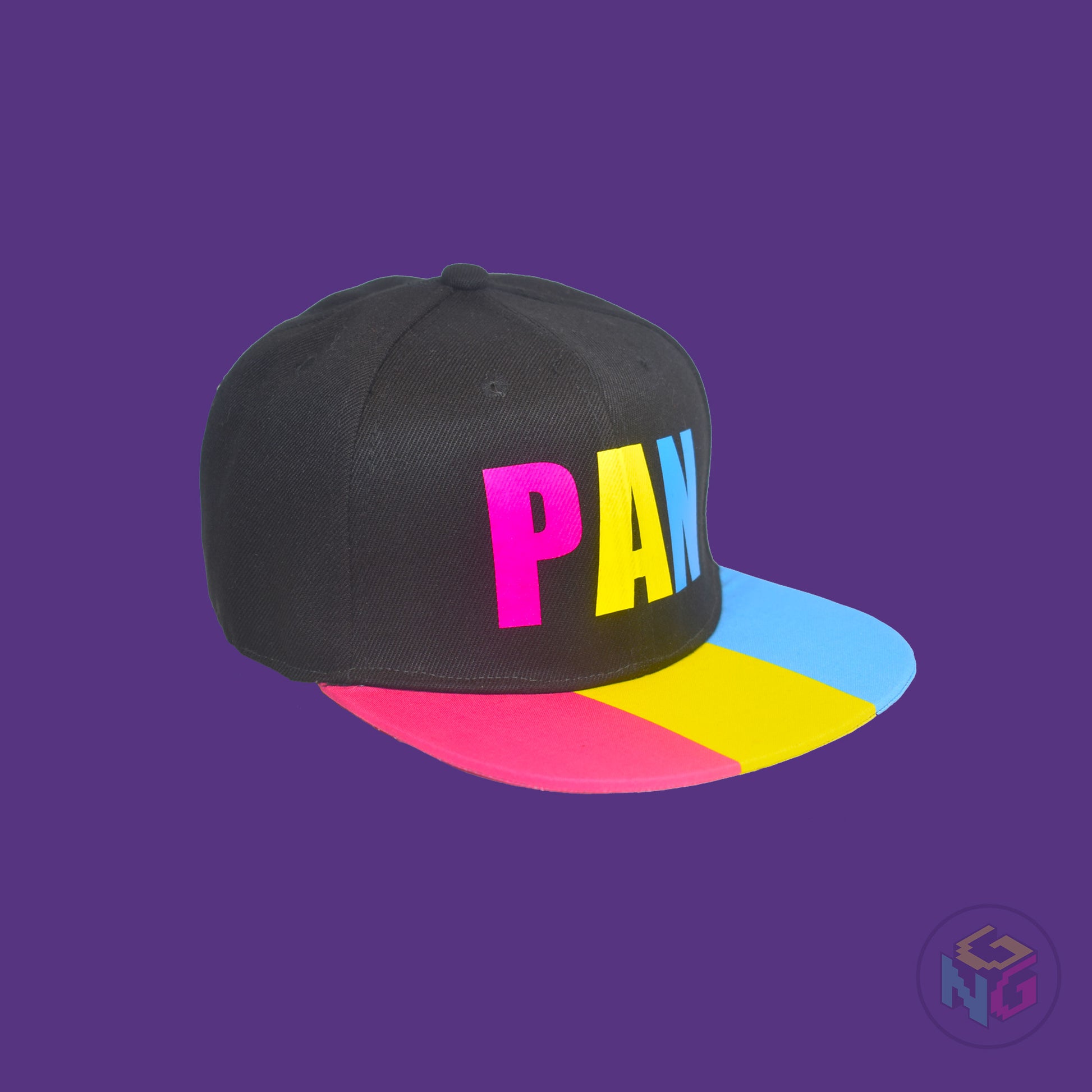 Black flat bill snapback hat. The brim has the pansexual pride flag on both sides and the front of the hat has the word “PAN” in pink, yellow, and blue letters. Front right view