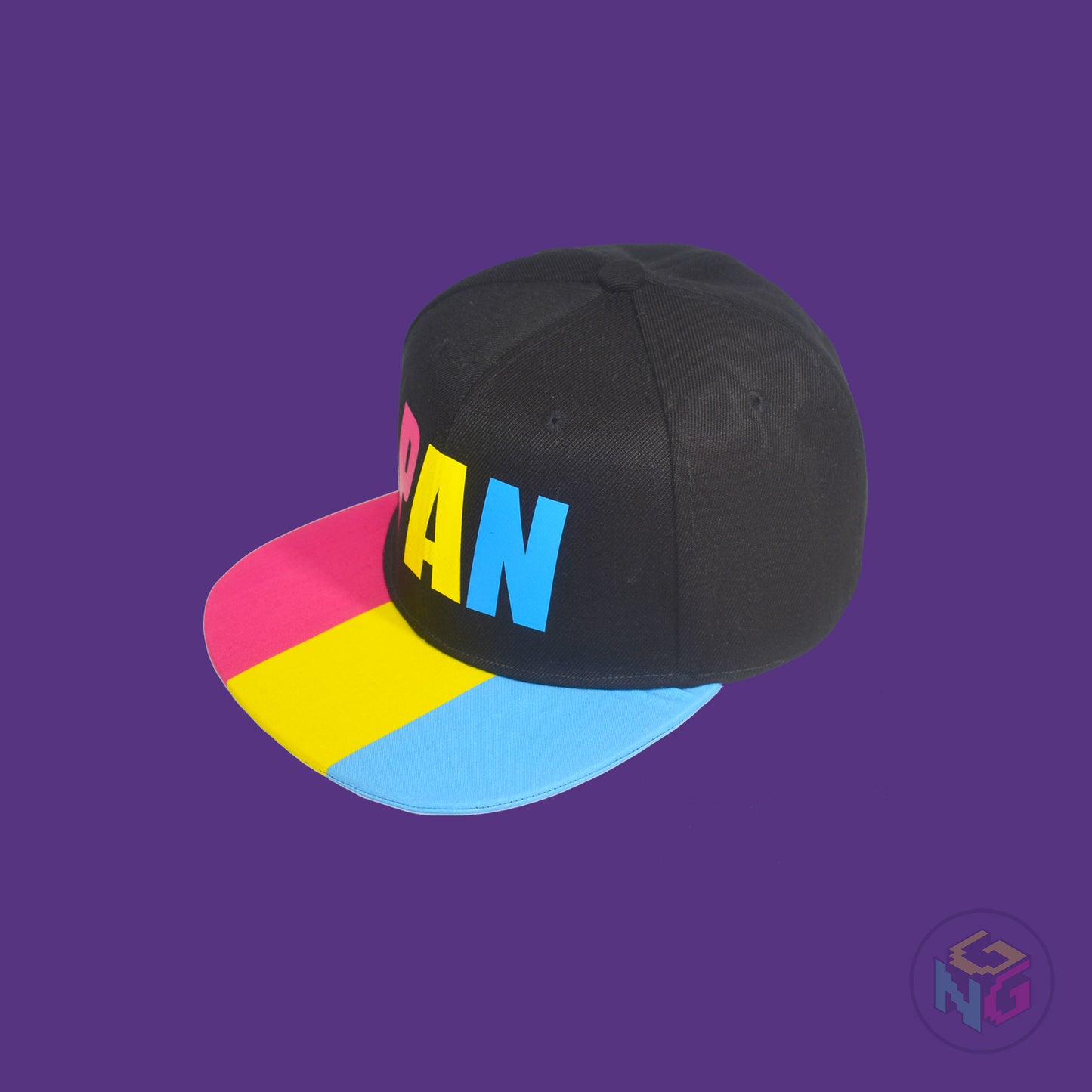 Black flat bill snapback hat. The brim has the pansexual pride flag on both sides and the front of the hat has the word “PAN” in pink, yellow, and blue letters. Front left view