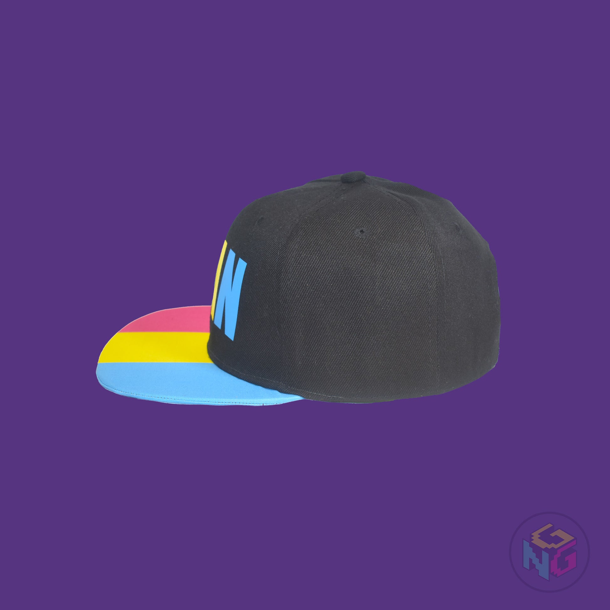 Black flat bill snapback hat. The brim has the pansexual pride flag on both sides and the front of the hat has the word “PAN” in pink, yellow, and blue letters. Left view