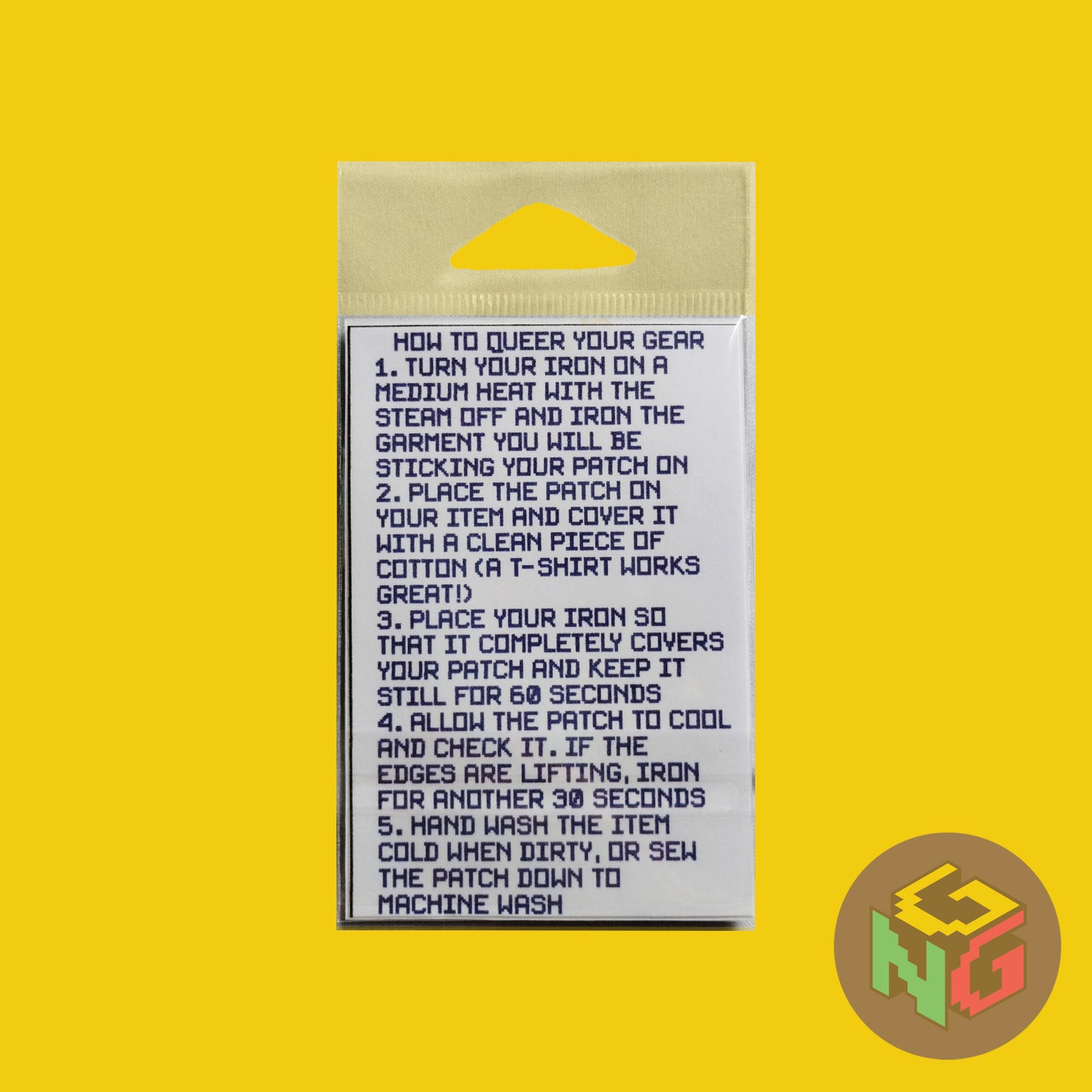 the back of the lesbian patch packaging on a yellow background. instructions in product description