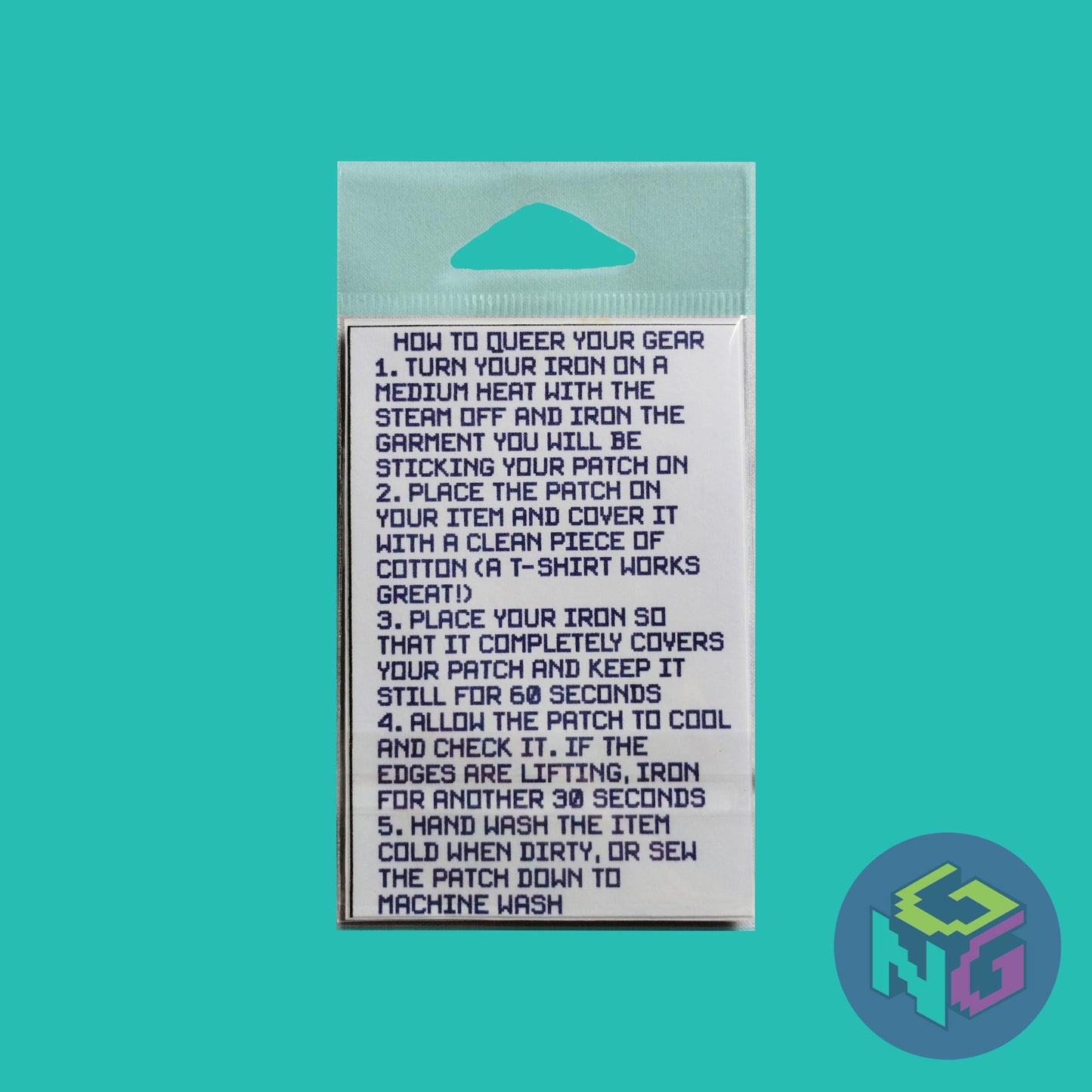 back of the gay mlm patch packaging on mint green background. instructions in item description