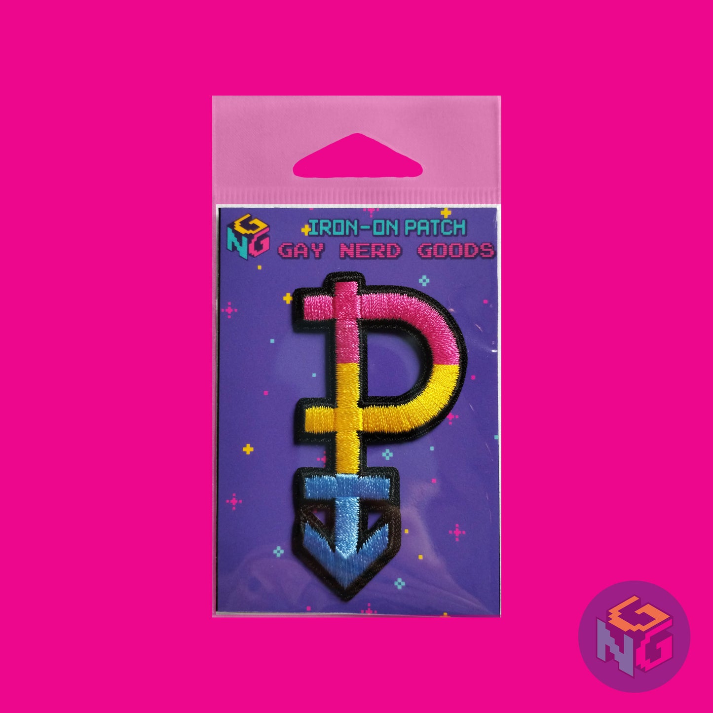 pansexual iron on patch in packaging in front of hot pink background