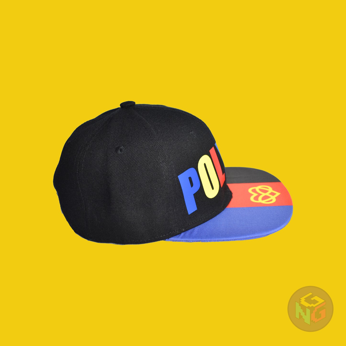 Black flat bill snapback hat. The brim has the polyamory pride flag with the heart infinity symbol on both sides and the front of the hat has the word “POLYAM” in red, yellow, and blue letters. Right view