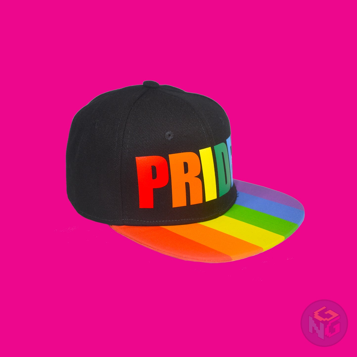 Black flat bill snapback hat. The brim has the rainbow pride flag on both sides and the front of the hat has the word “PRIDE!” in rainbow letters. Front right view