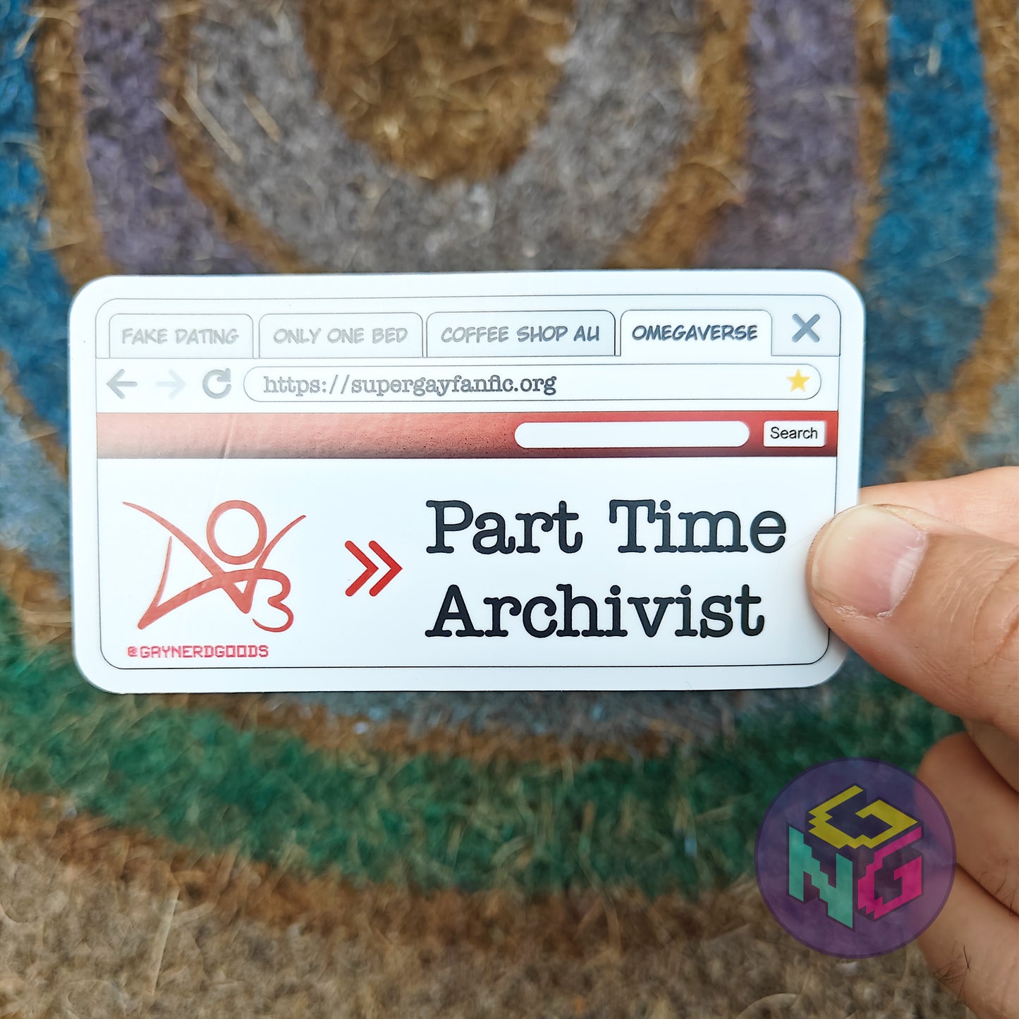 part time archivist fandom only one bed reader vinyl sticker held in front of mat
