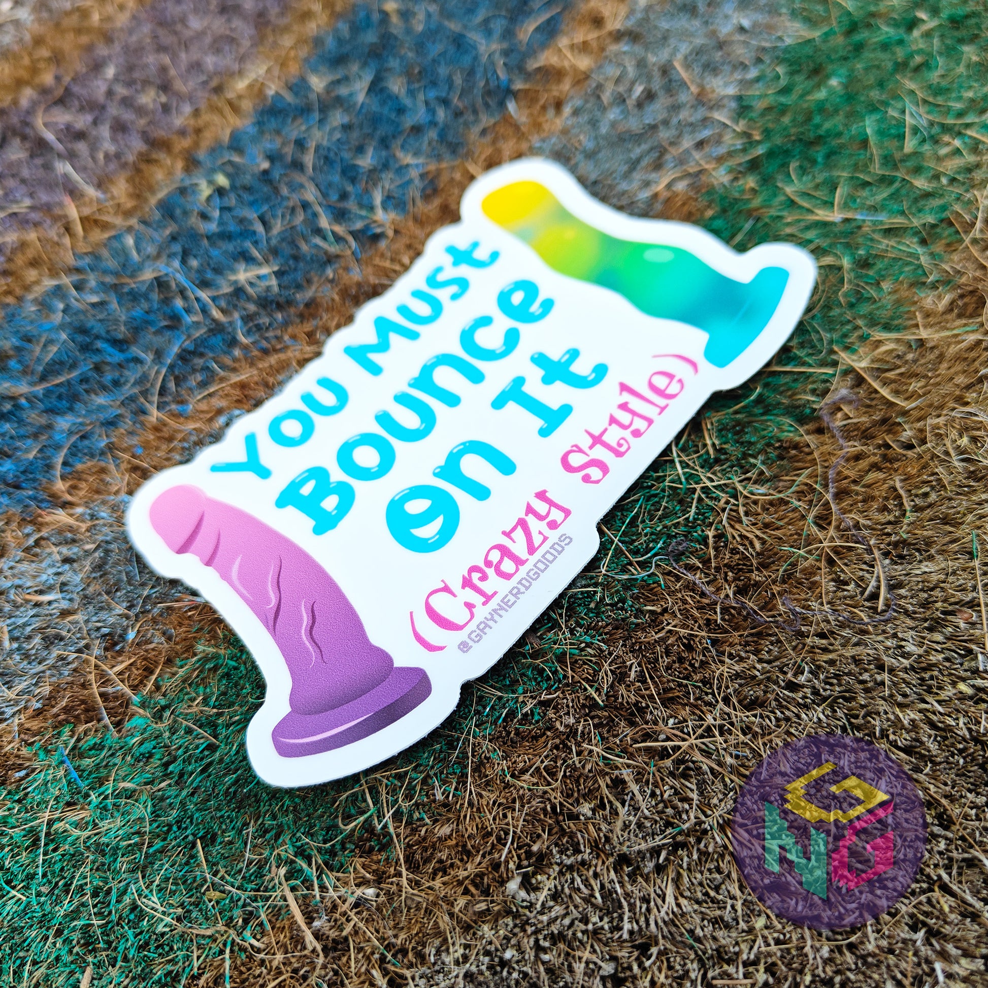 colorful sex toy bounce on it sticker laying at an angle