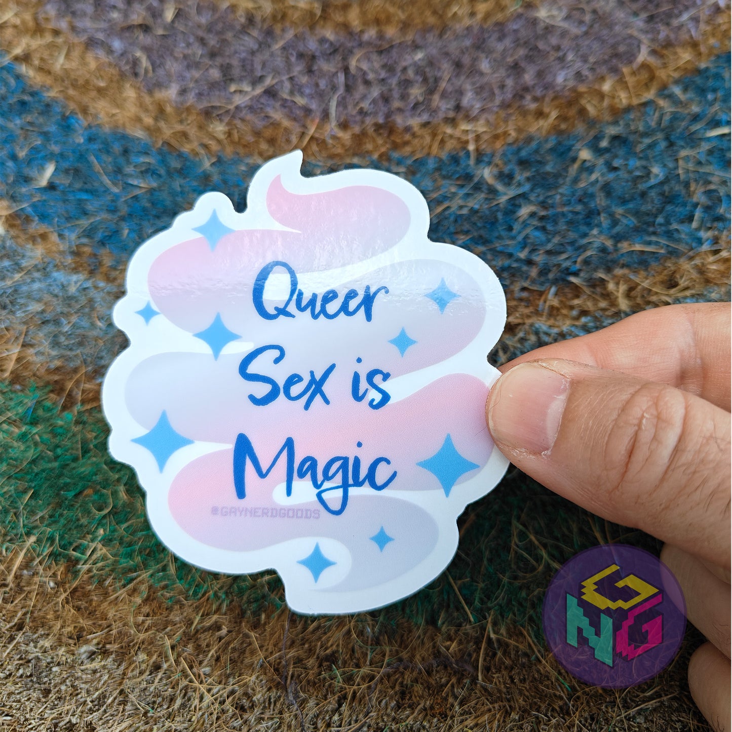 glossy sex and sexuality queer sex is magic sticker held in hand