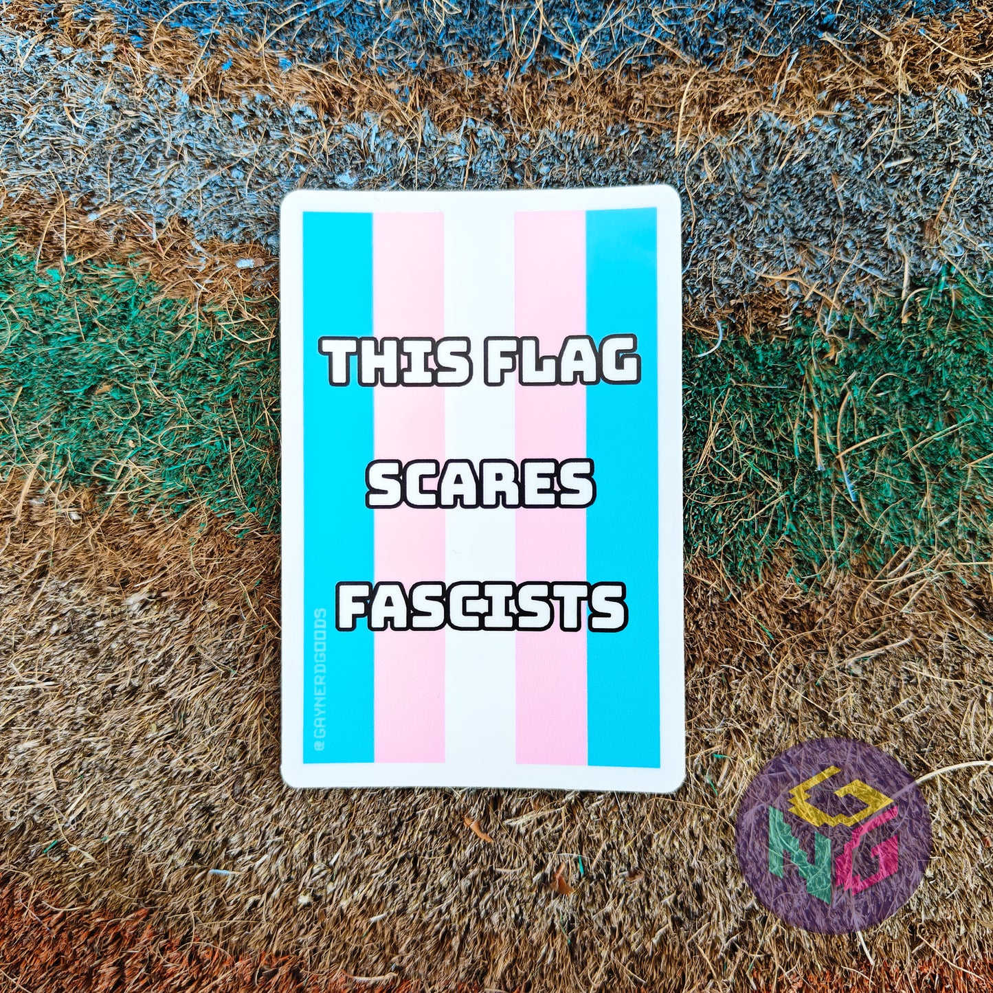 transgender flag waterproof sticker with text "this flag scares fascists"