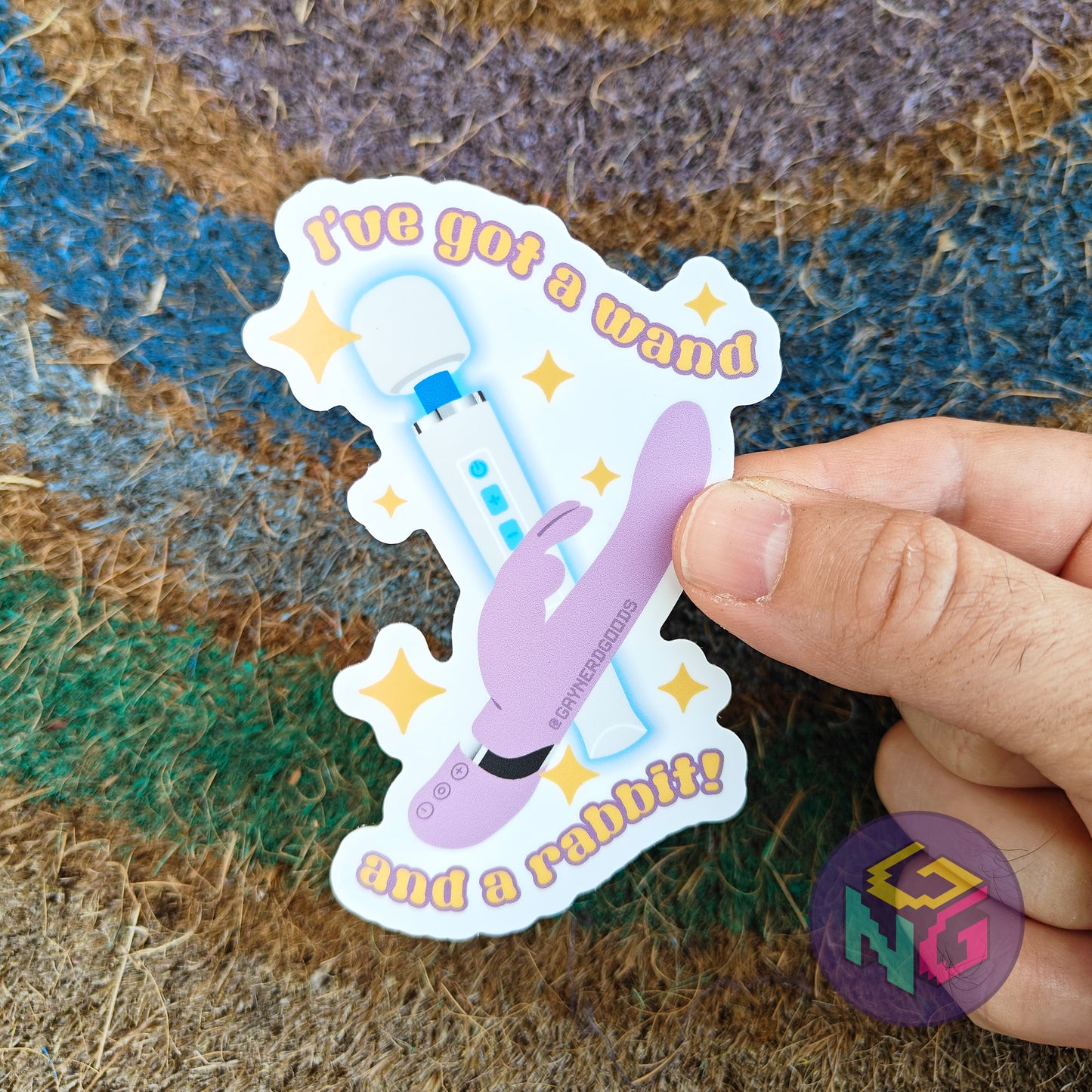 pair of vibrators chappell roan inspired waterproof sticker with text "i've got a wand and a rabbit"
