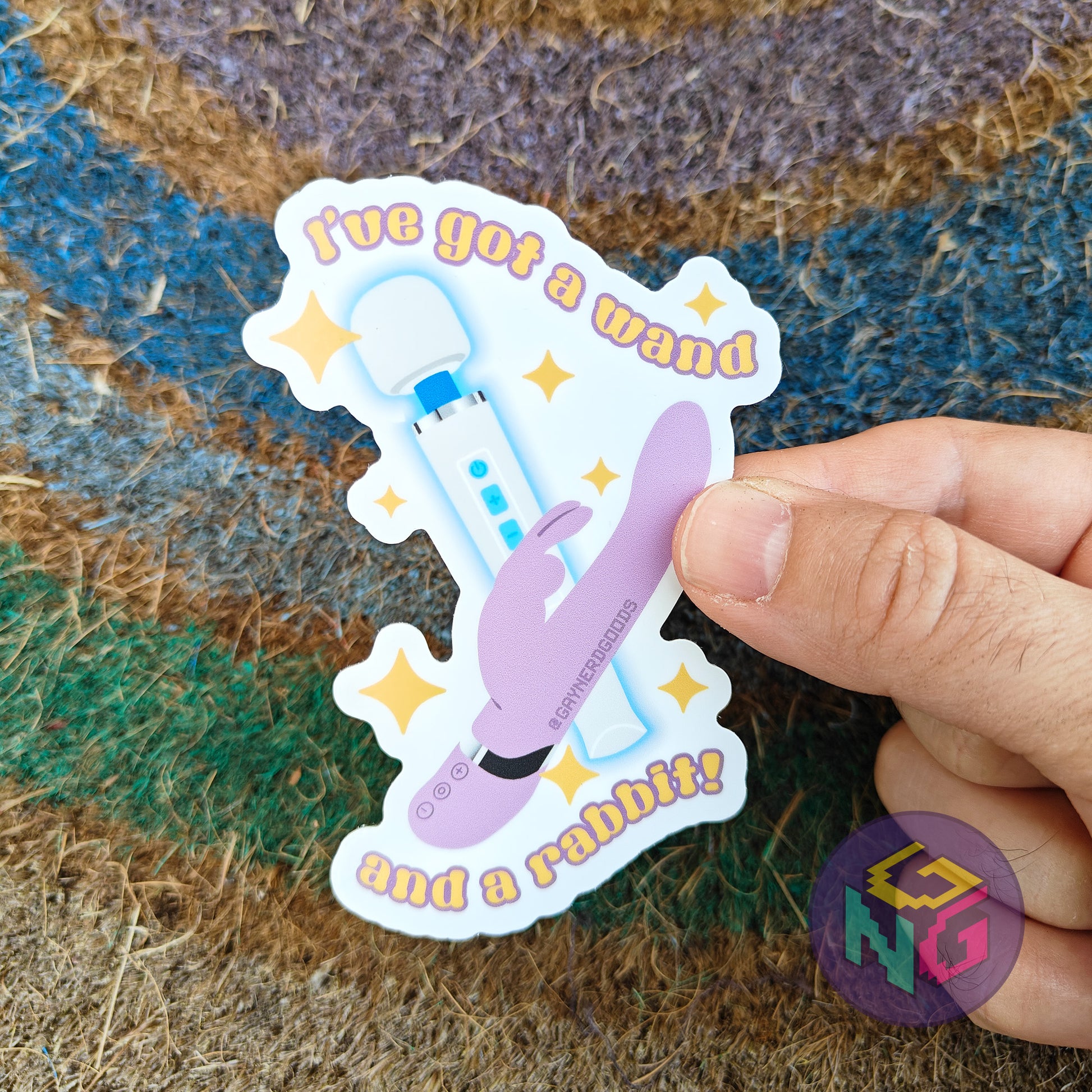 pair of vibrators chappell roan inspired waterproof sticker with text "i've got a wand and a rabbit"